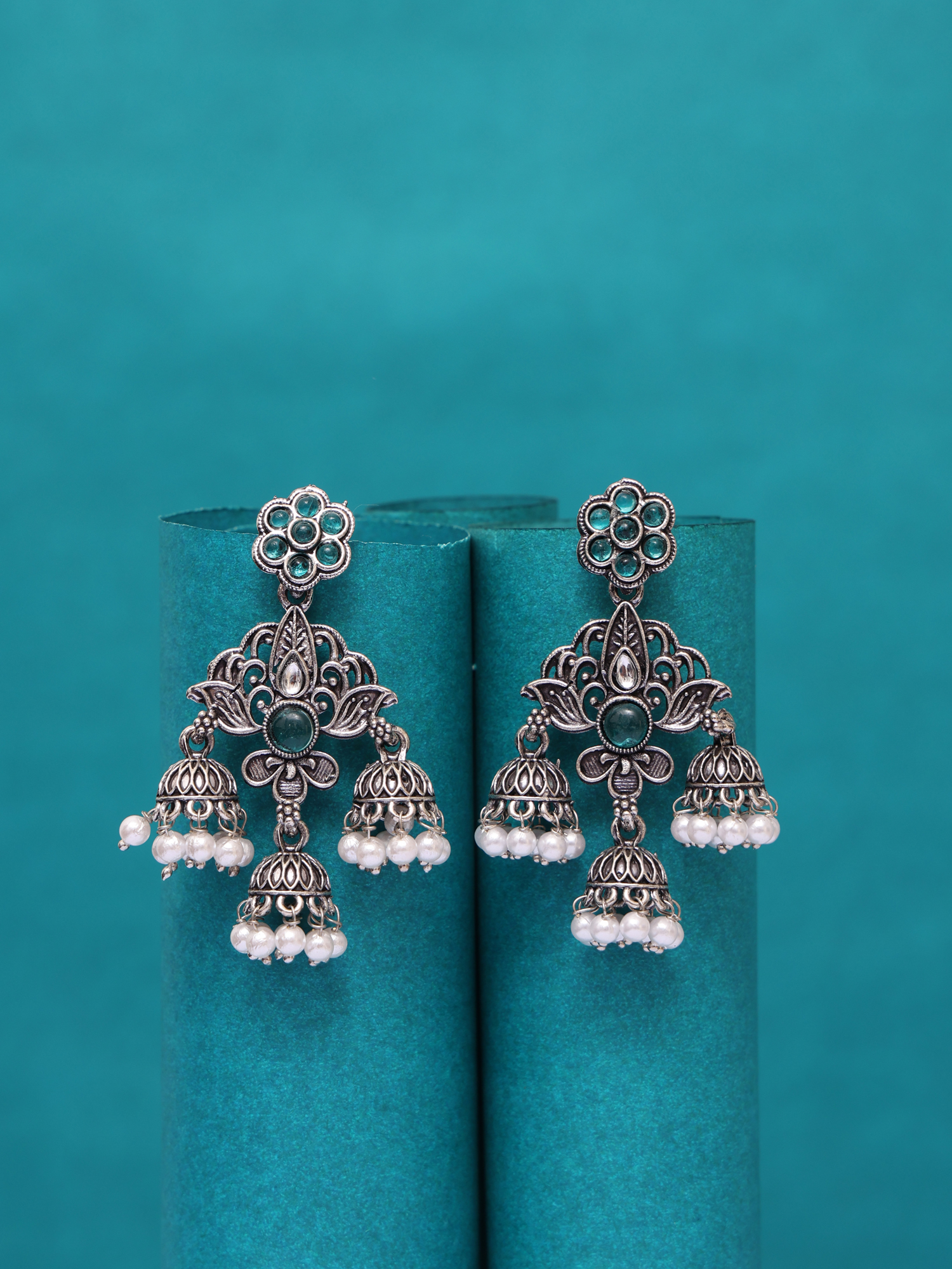 Noor Aqua Oxidised Pearl Jhumka Earrings