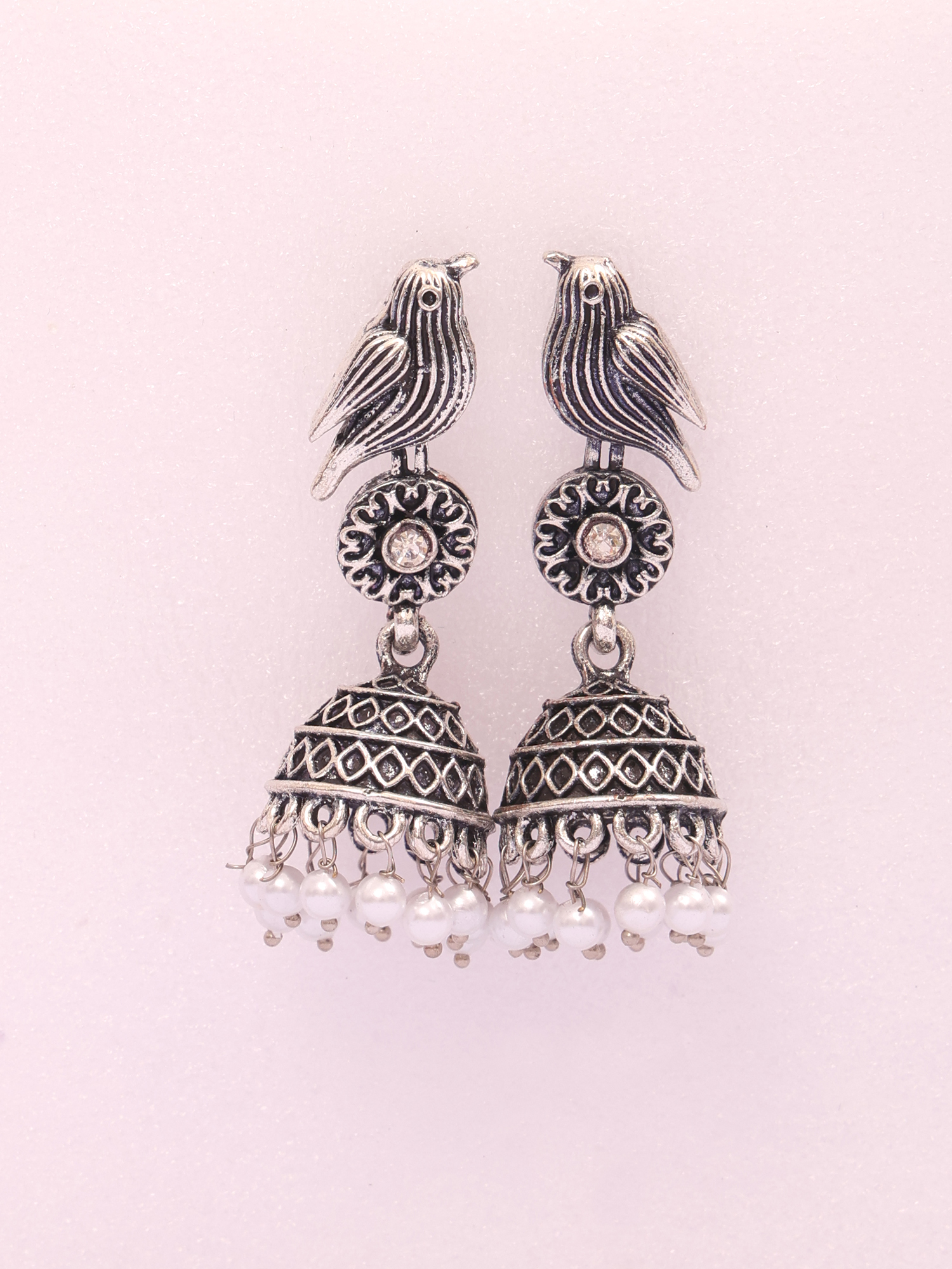 Chirpy Bird Oxidised Pearl Jhumka Earrings