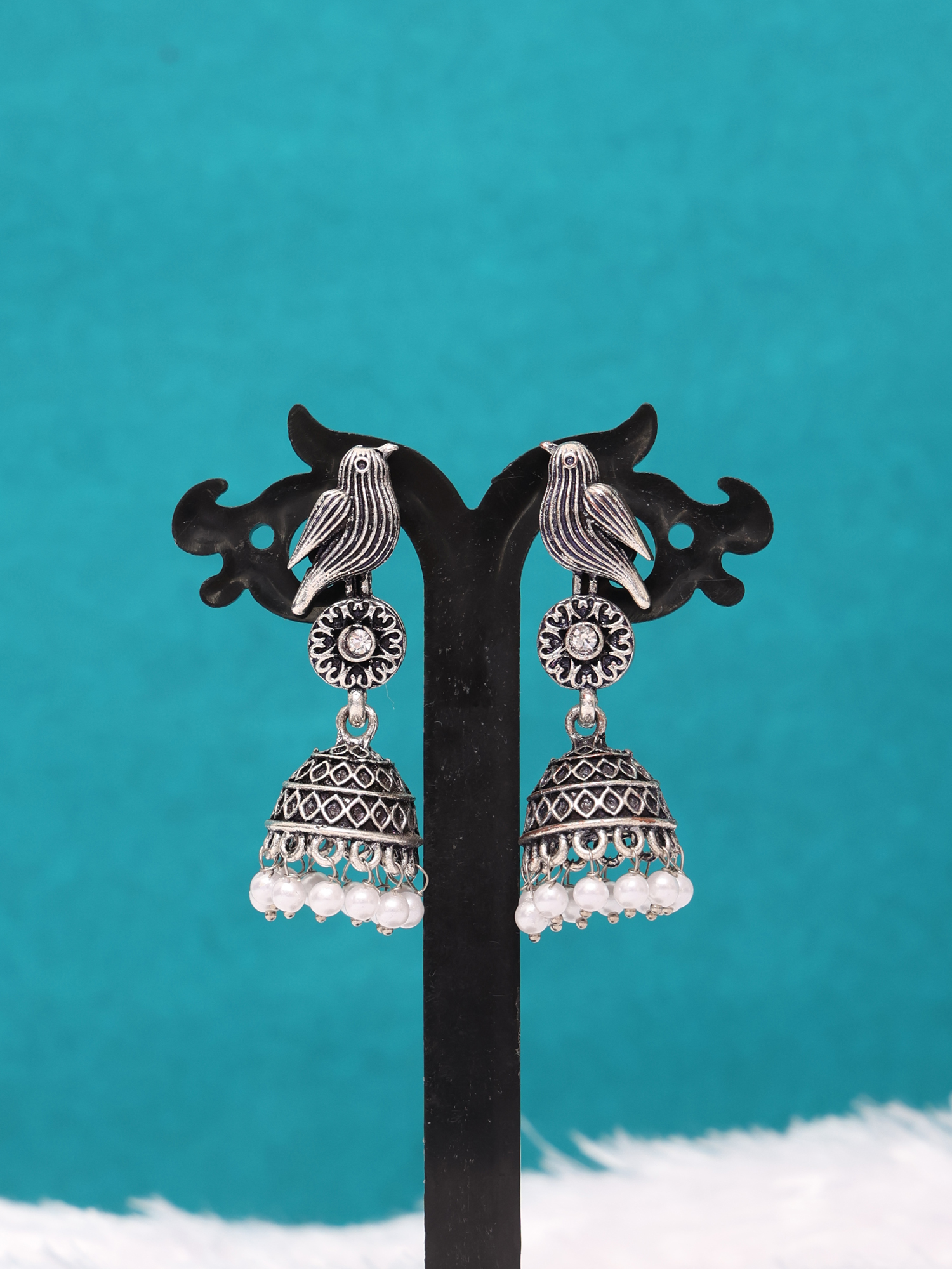 Chirpy Bird Oxidised Pearl Jhumka Earrings