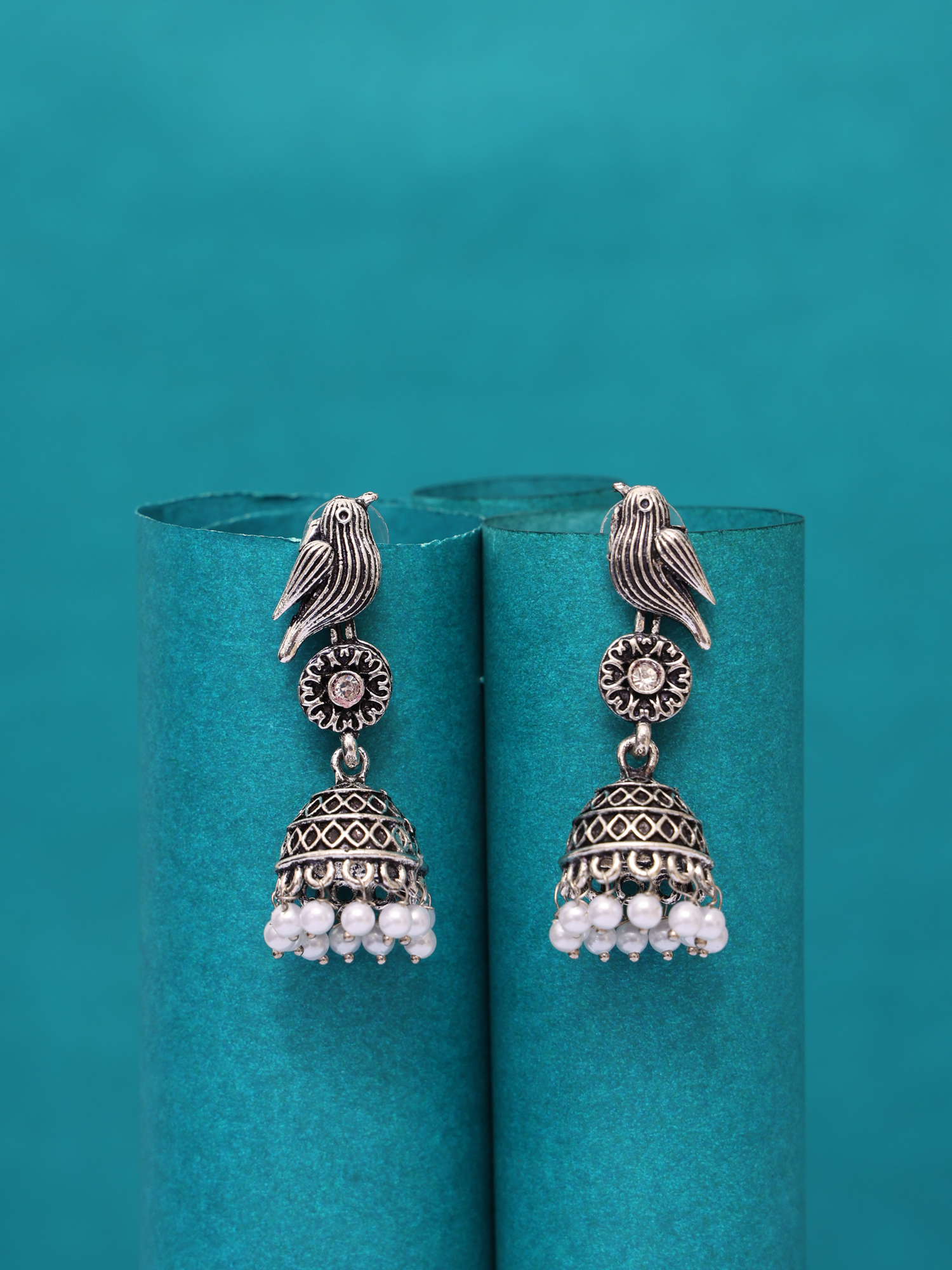 Chirpy Bird Oxidised Pearl Jhumka Earrings
