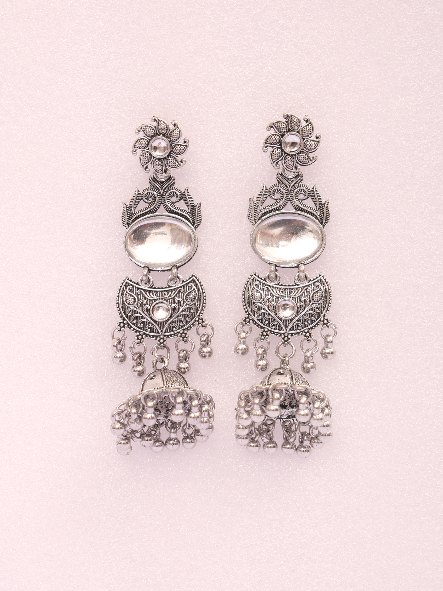 Noor White Kundan Oxidised Jhumka Earrings