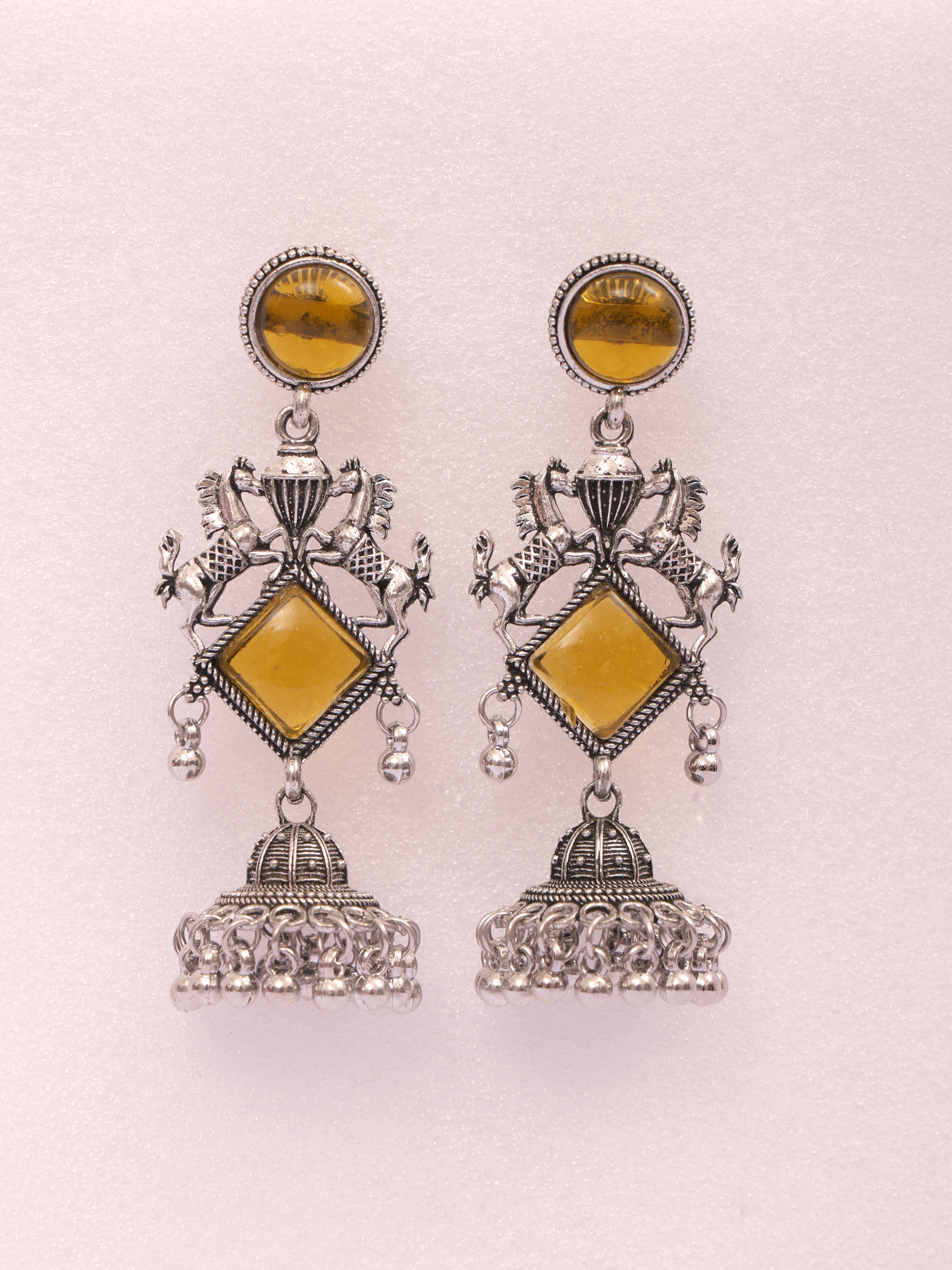 Amber Royale Horse Motif Oxidised Jhumka Earrings