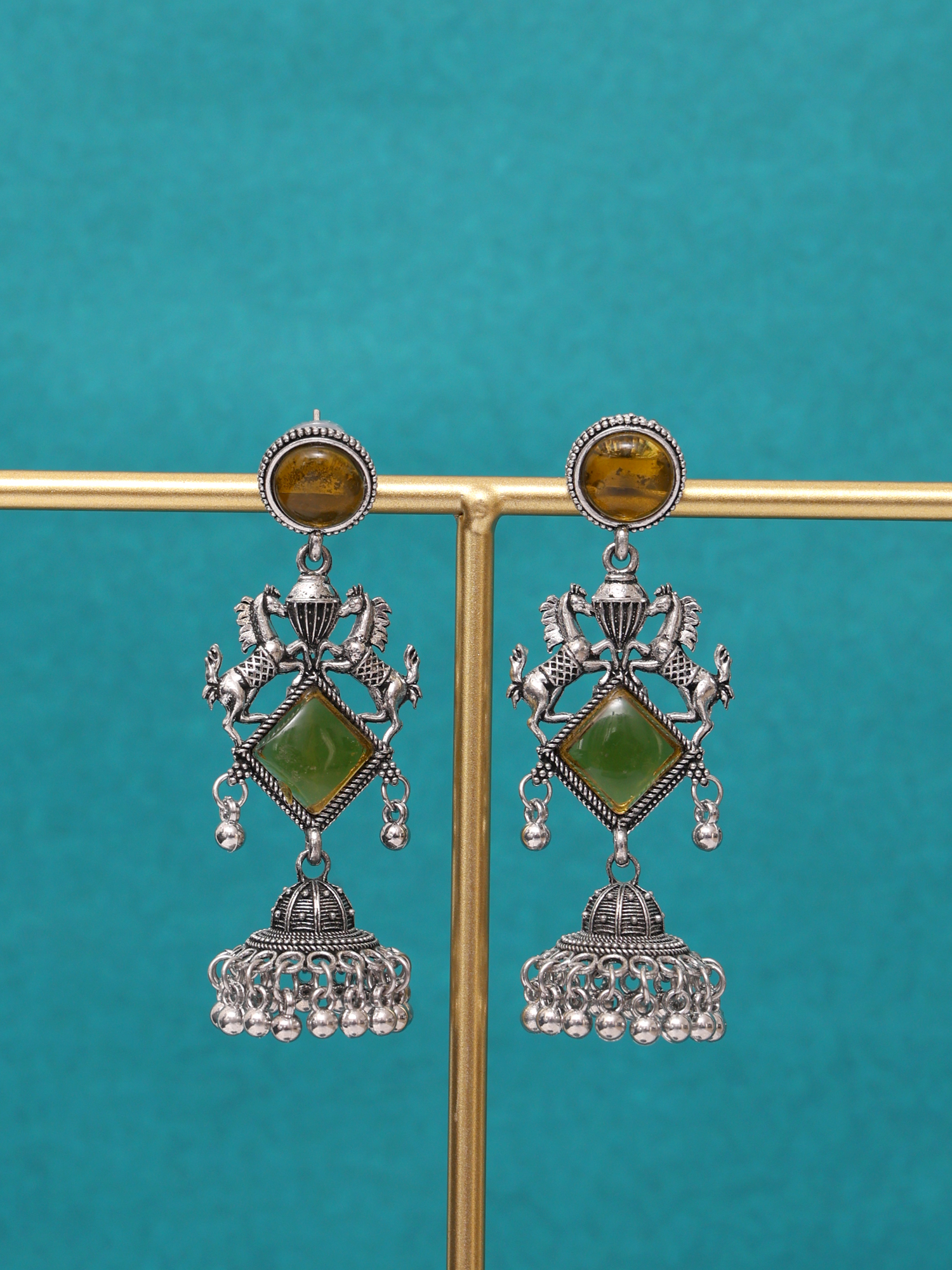 Amber Royale Horse Motif Oxidised Jhumka Earrings