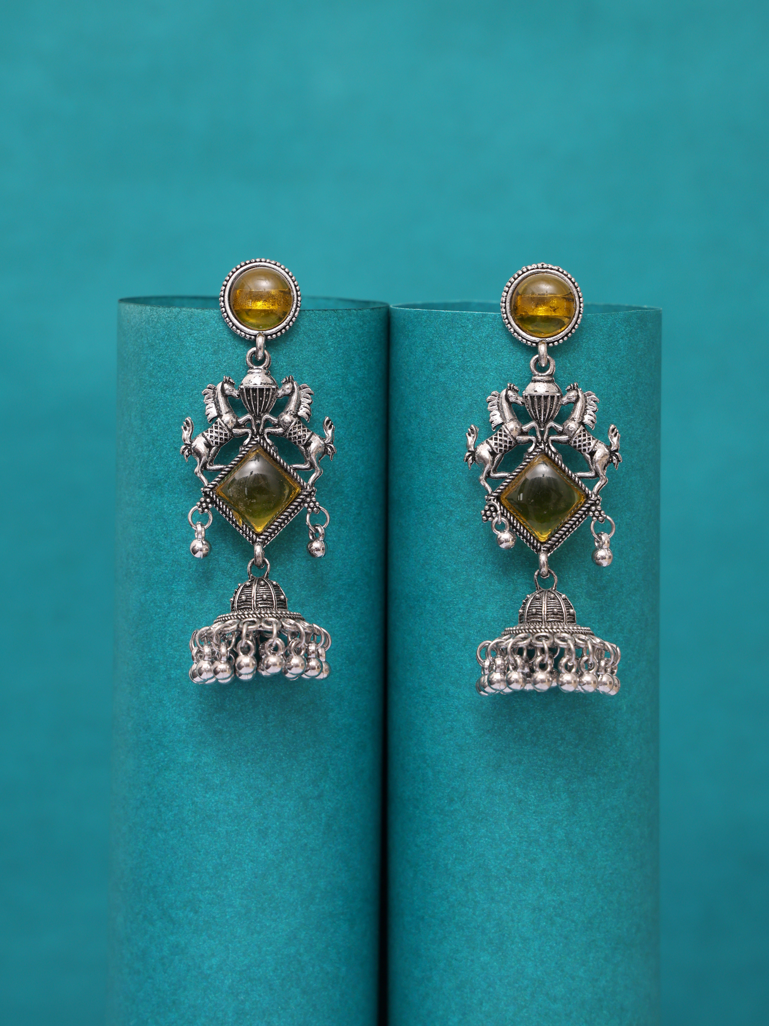 Amber Royale Horse Motif Oxidised Jhumka Earrings