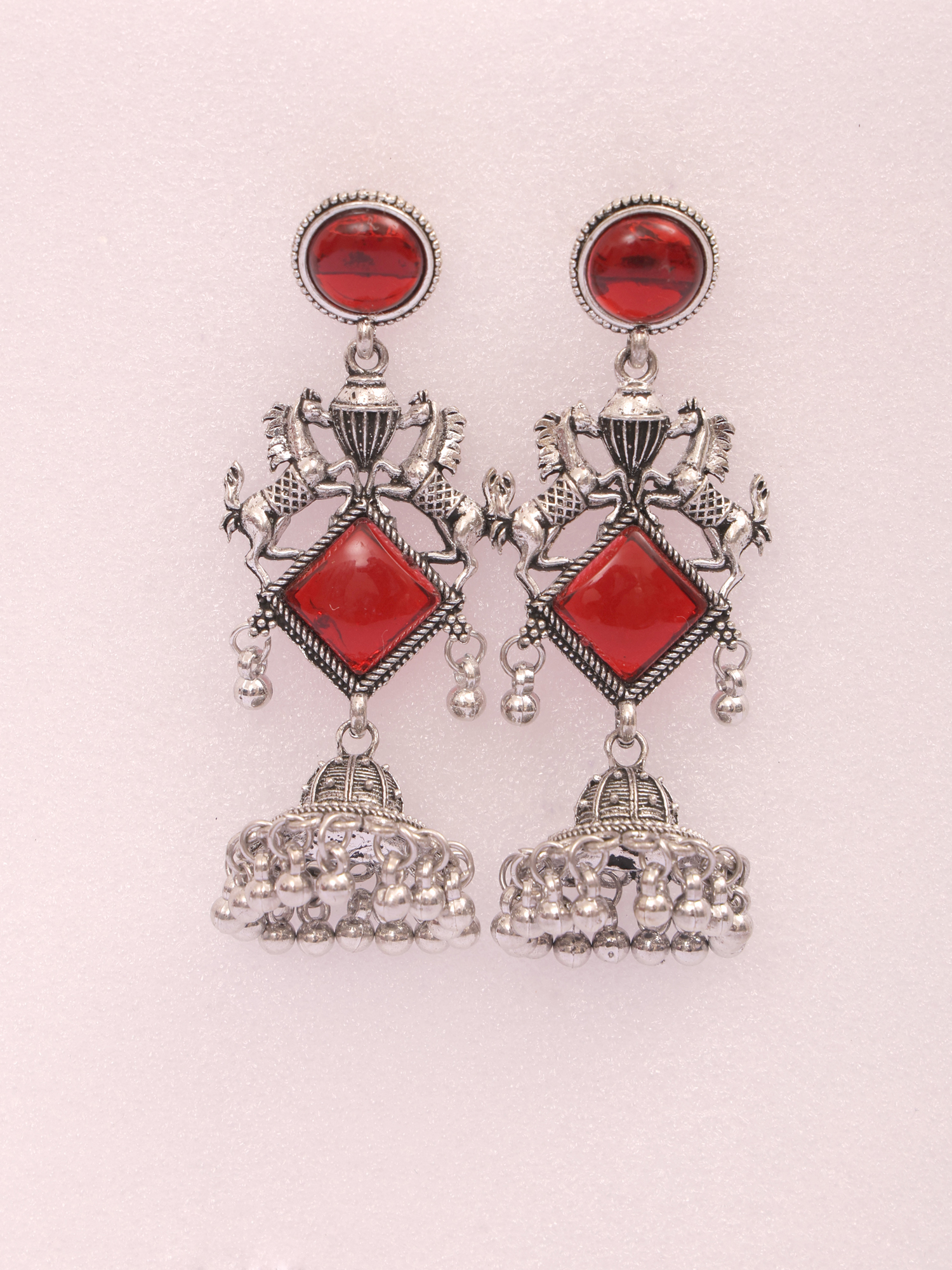 Ruby Royale Horse Motif Oxidised Jhumka Earrings