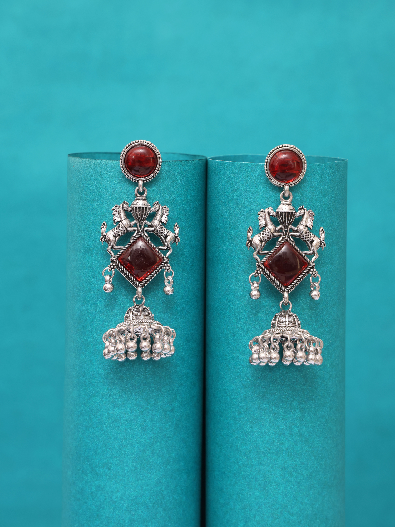 Ruby Royale Horse Motif Oxidised Jhumka Earrings