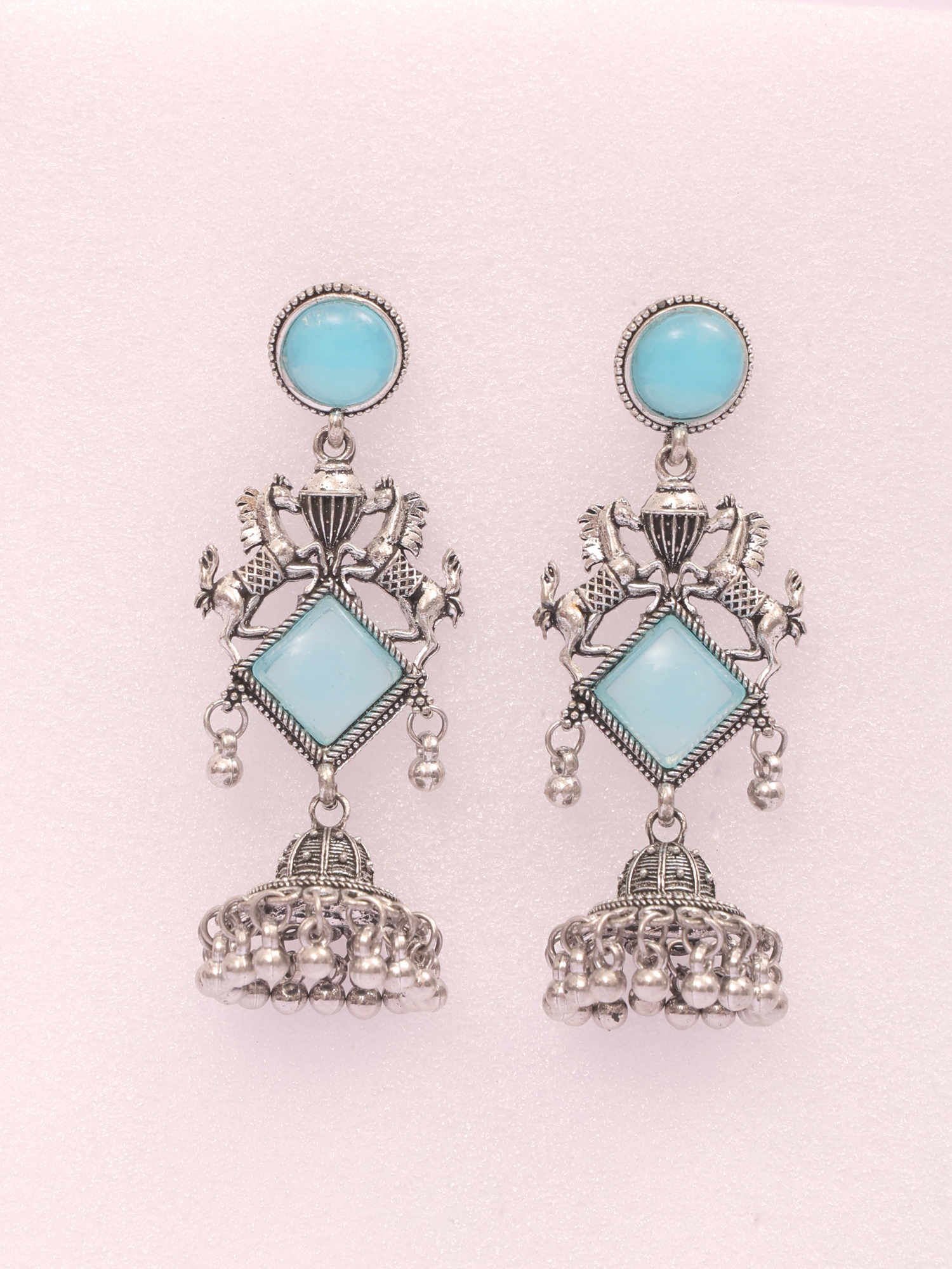 Sky Royale Horse Motif Oxidised Jhumka Earrings