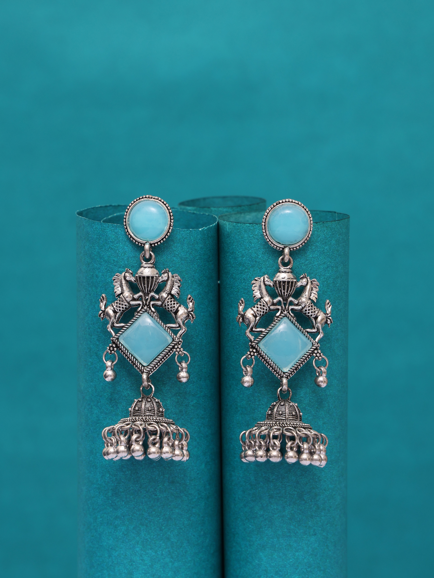 Sky Royale Horse Motif Oxidised Jhumka Earrings