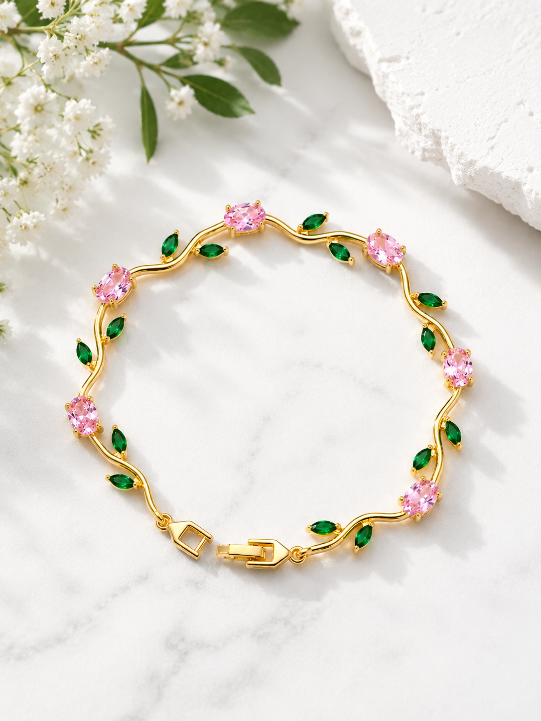 Rivaaya Pink Green Tulip Anti-Tarnish Bracelet