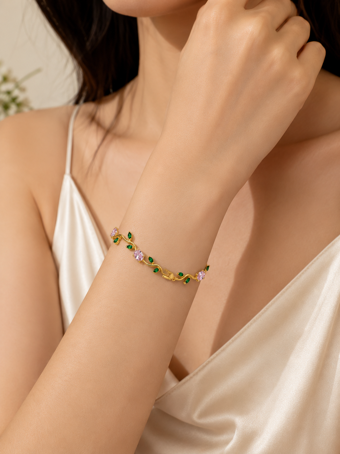 Rivaaya Pink Green Tulip Anti-Tarnish Bracelet