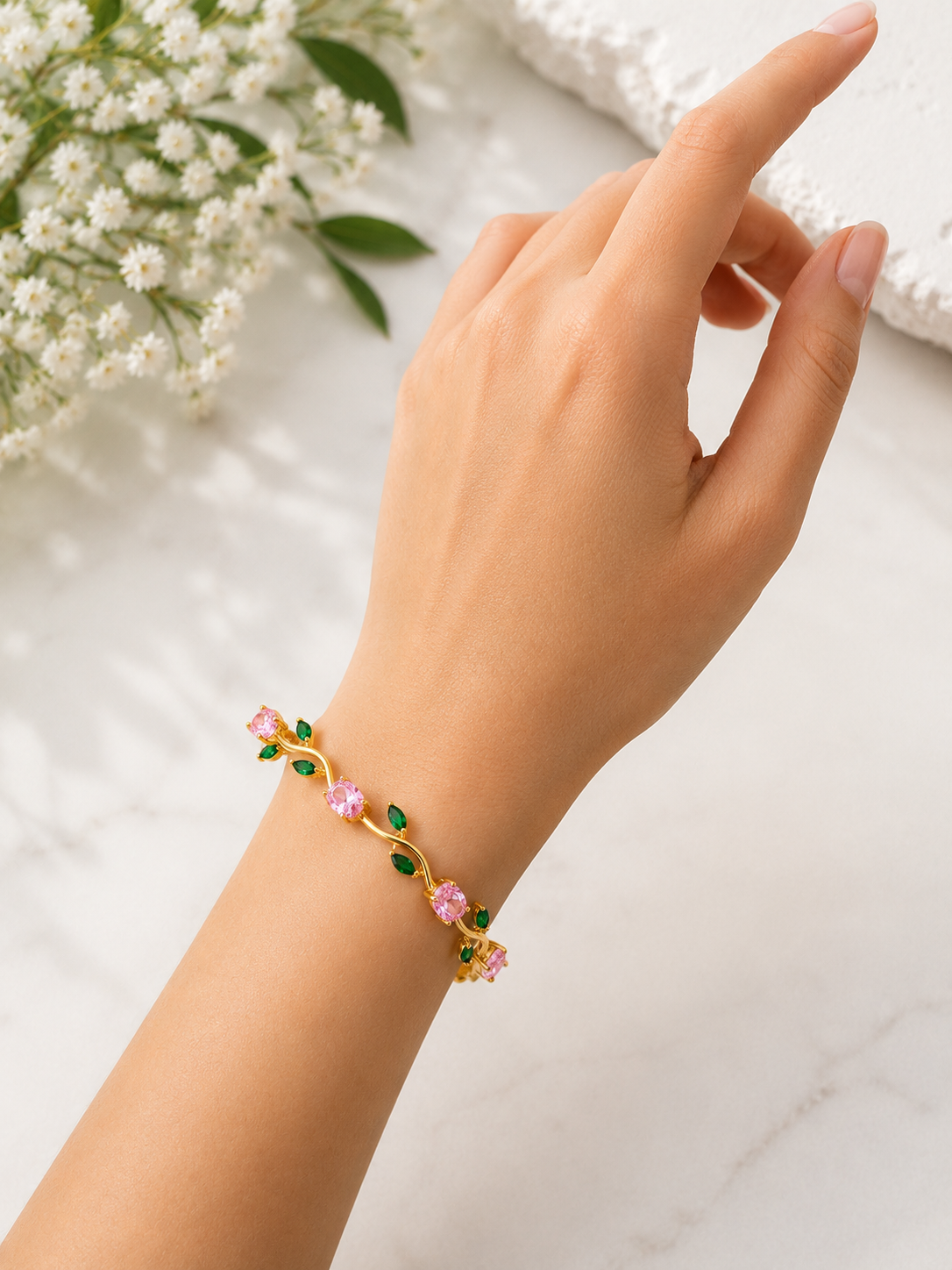 Rivaaya Pink Green Tulip Anti-Tarnish Bracelet