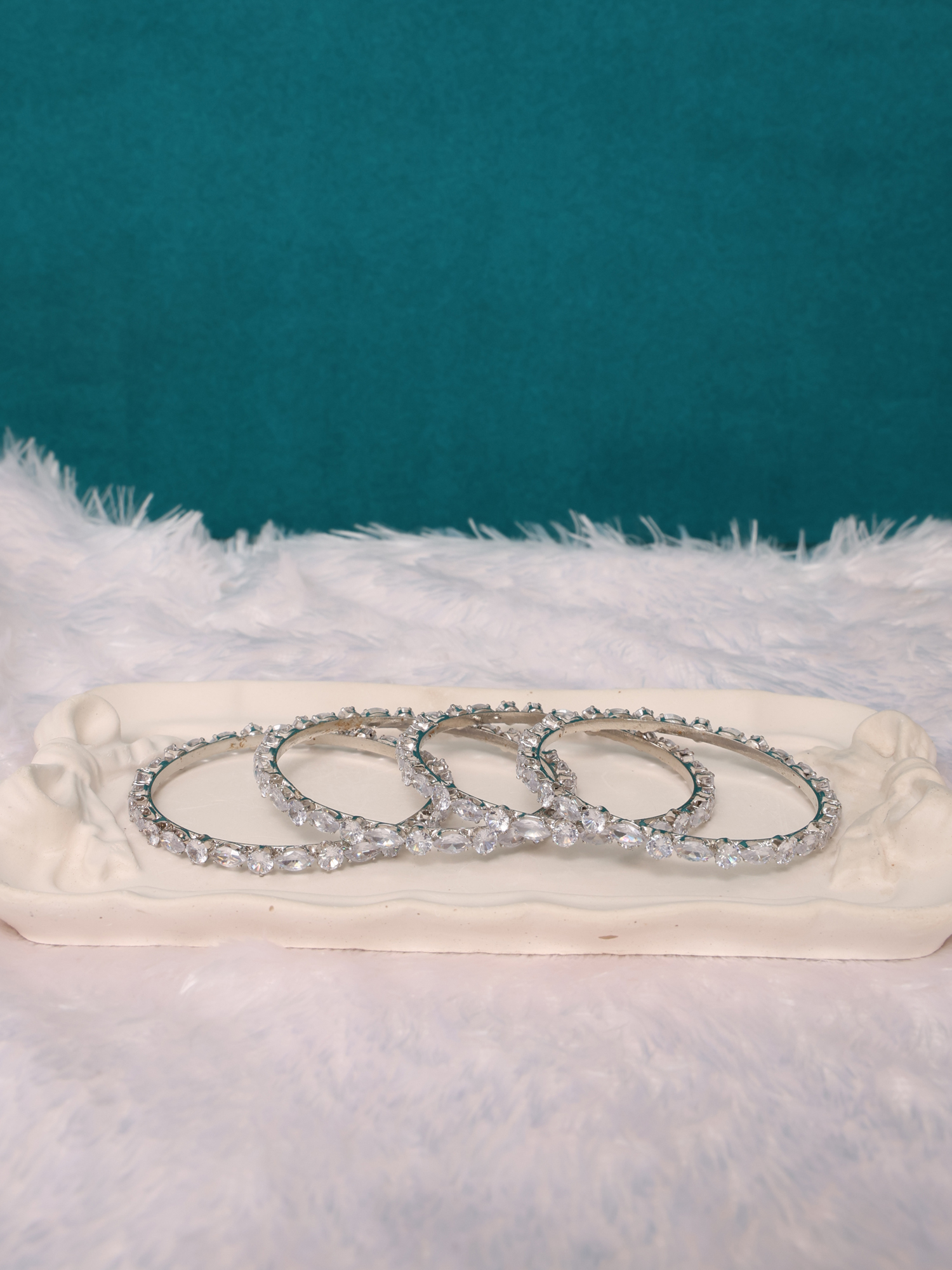 Celestial Glow Silver Diamond Cut AD Bangles (Set of 4)