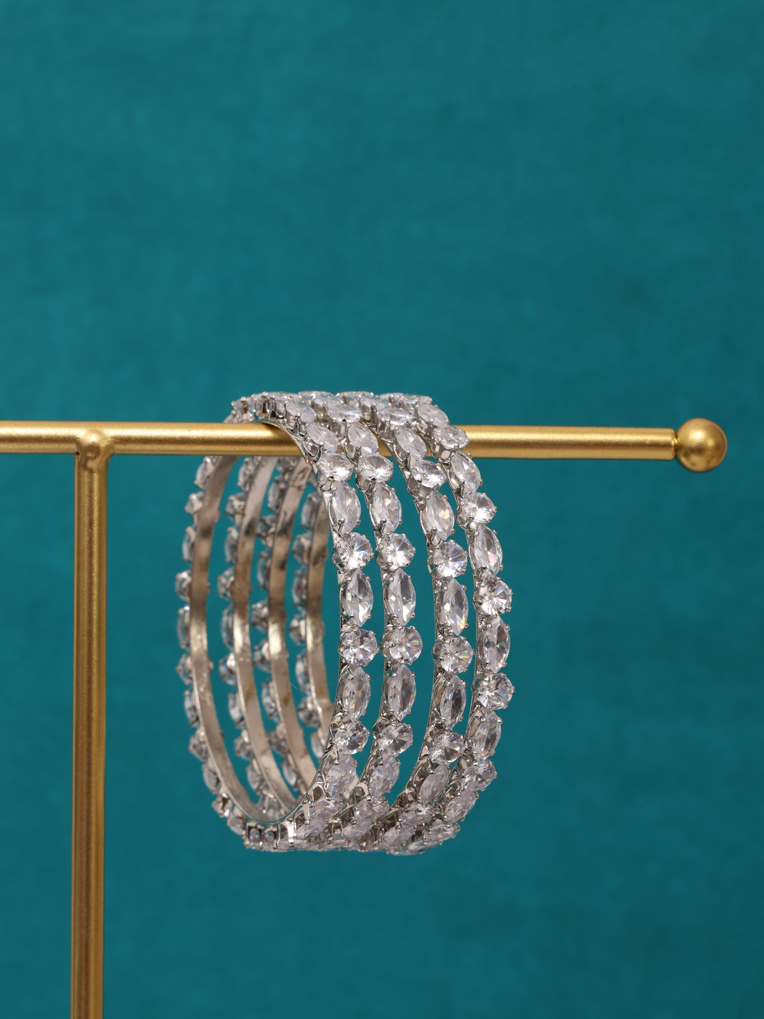Celestial Glow Silver Diamond Cut AD Bangles (Set of 4)