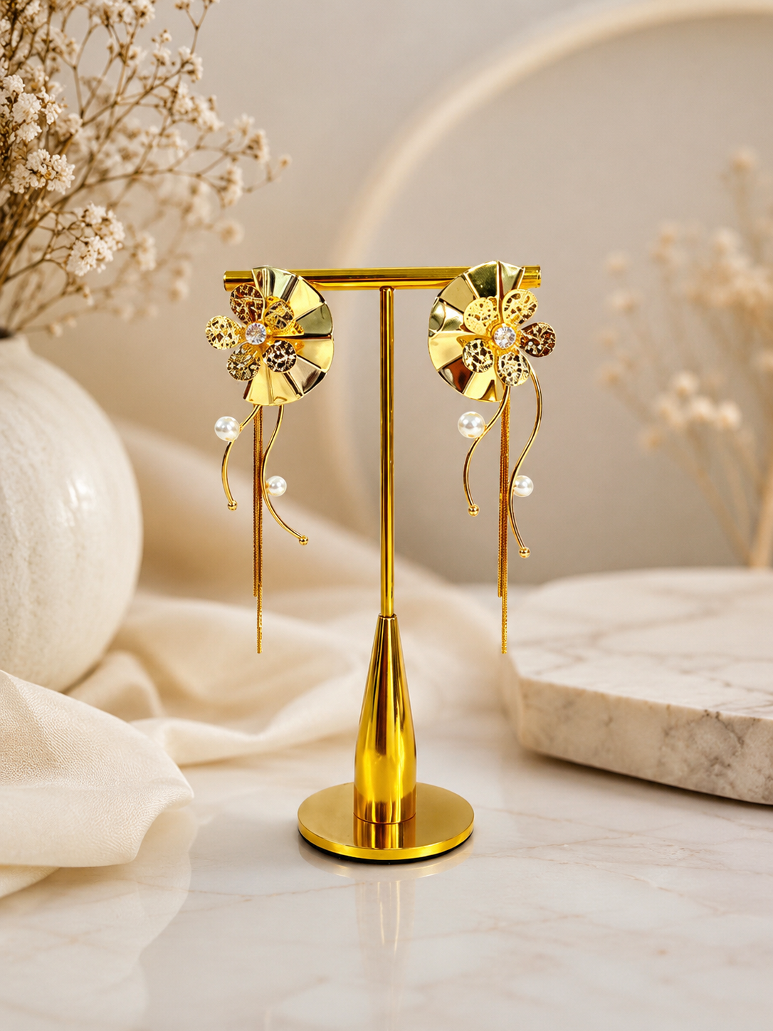 Celestial Bloom Anti-Tarnish Gold Floral Drop Earrings with Pearls
