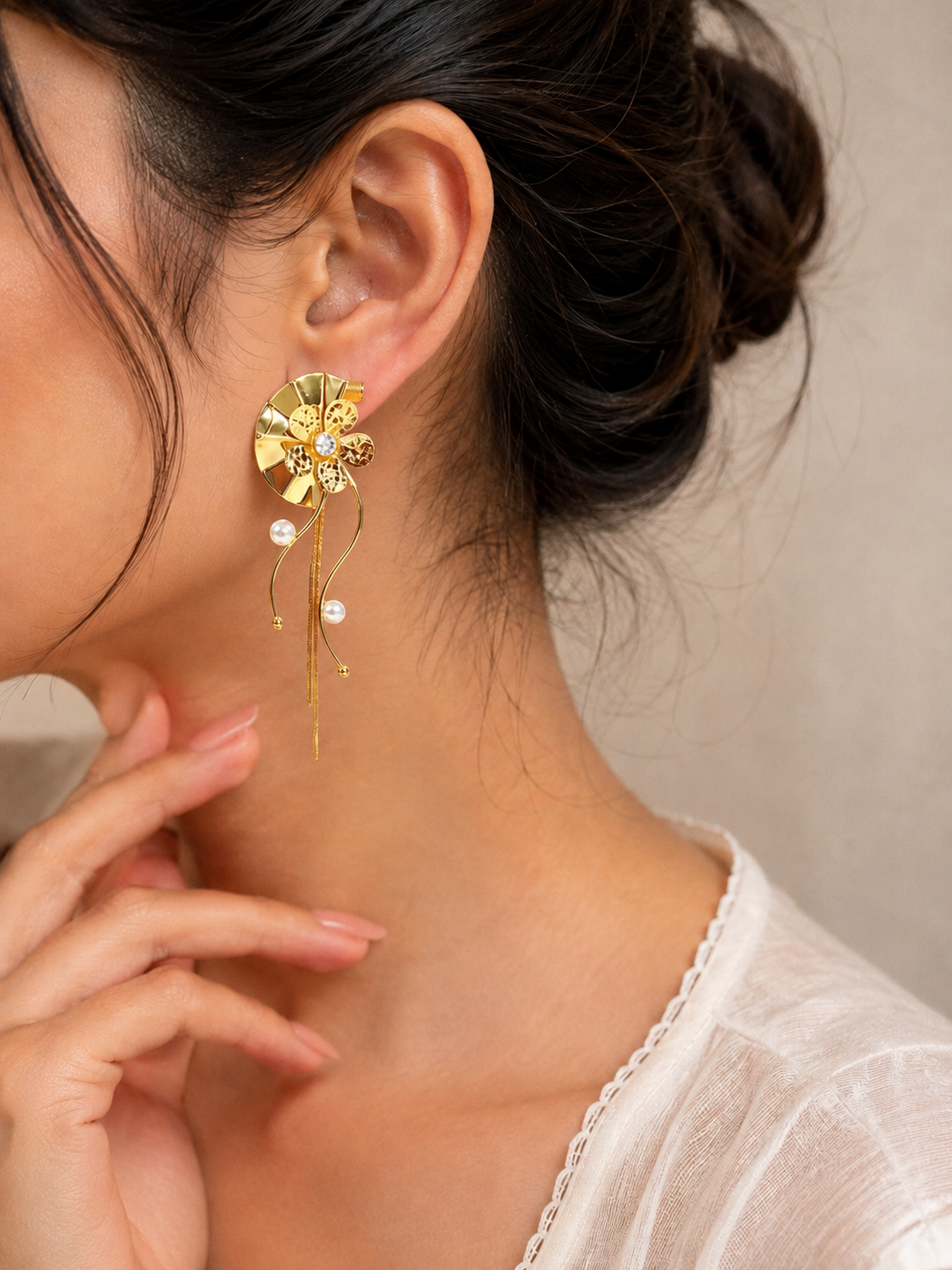 Celestial Bloom Anti-Tarnish Gold Floral Drop Earrings with Pearls