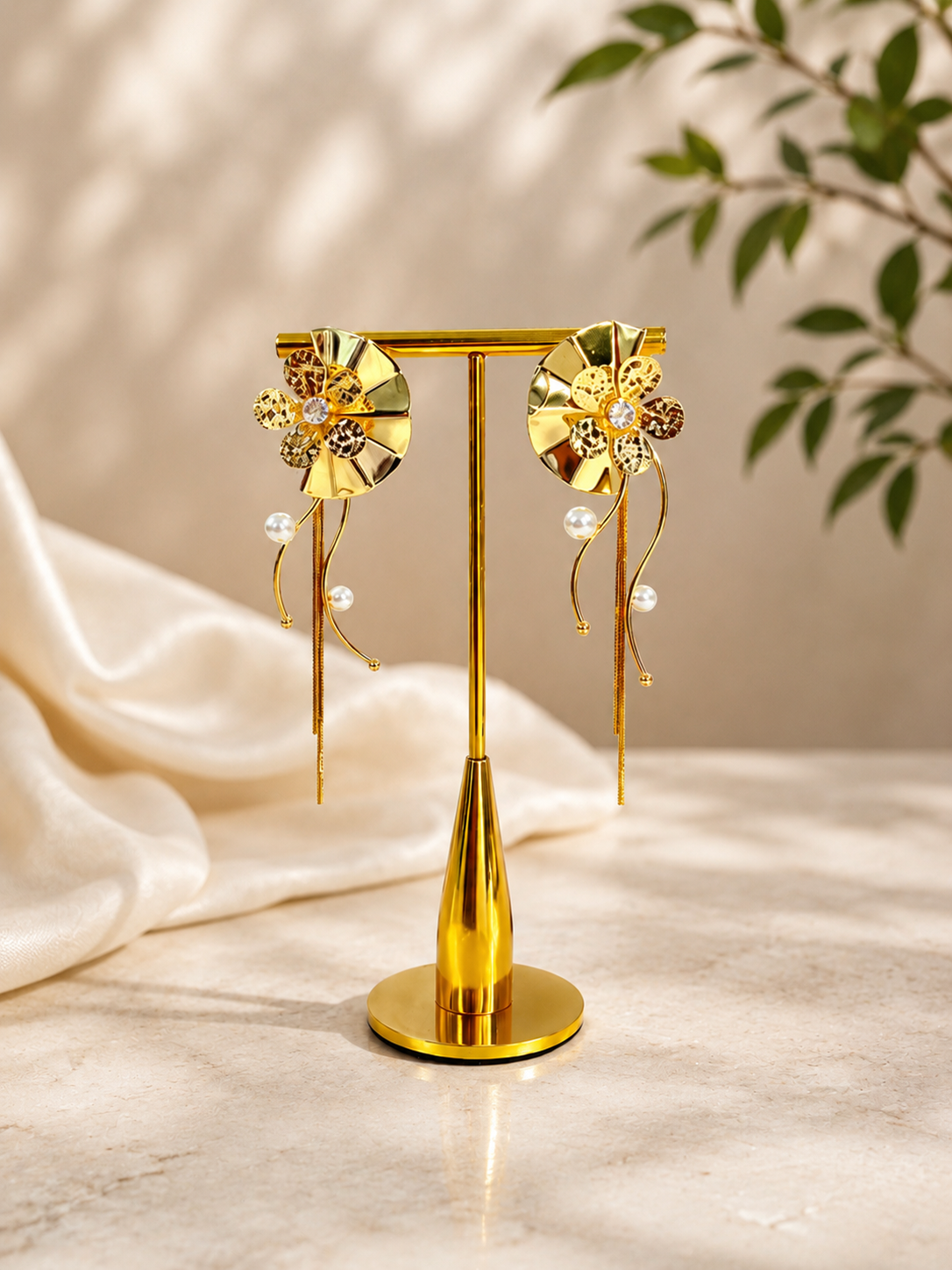 Celestial Bloom Anti-Tarnish Gold Floral Drop Earrings with Pearls