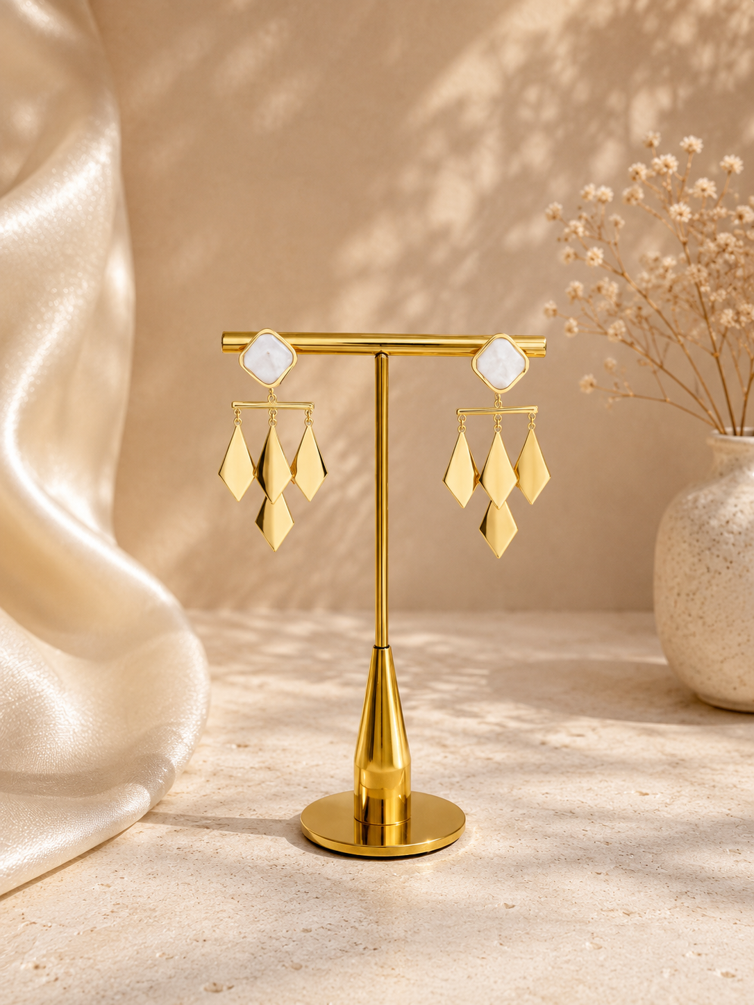 Ivory Prism Anti-Tarnish Gold Geometric Chandelier Earrings