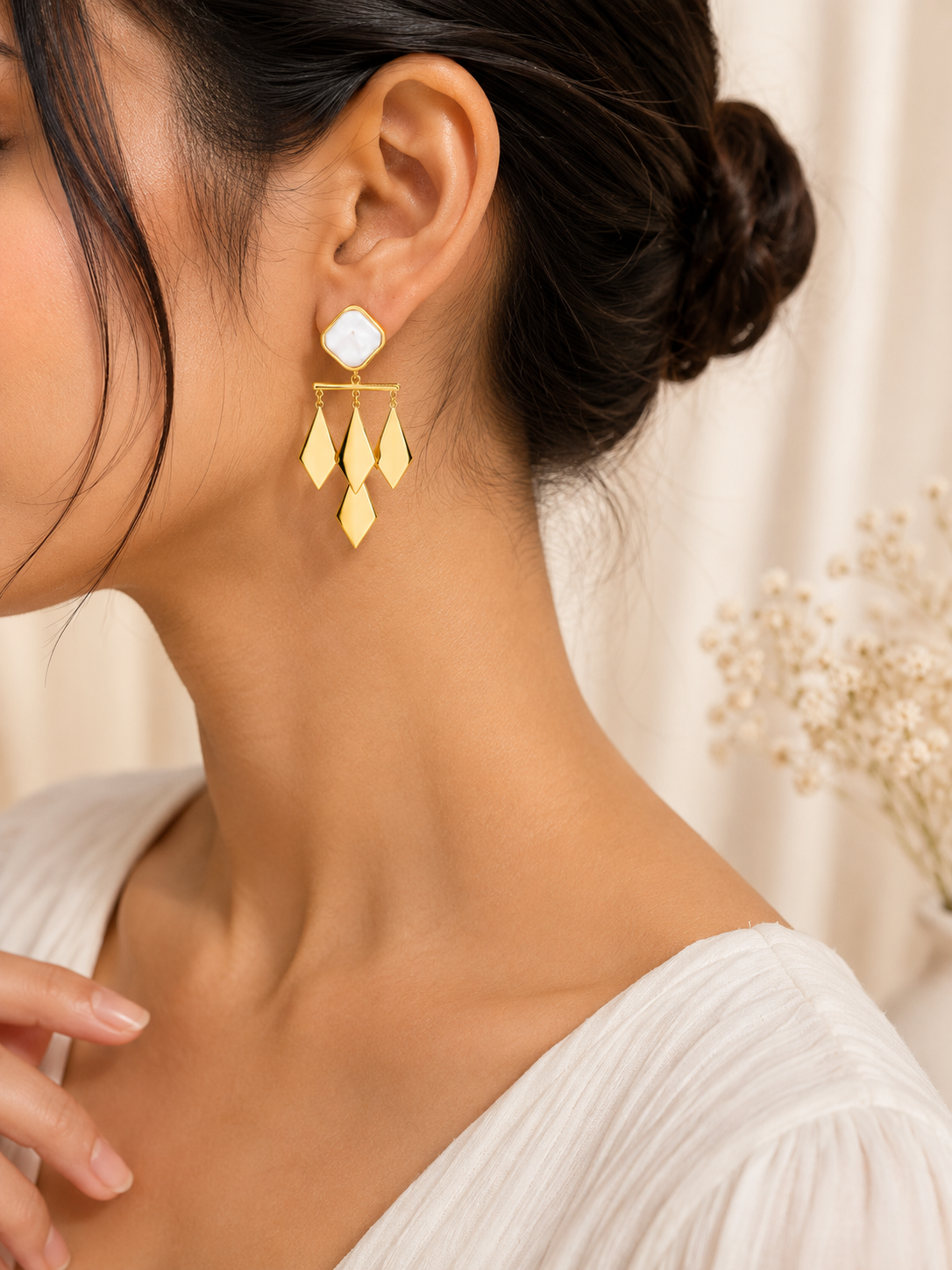 Ivory Prism Anti-Tarnish Gold Geometric Chandelier Earrings