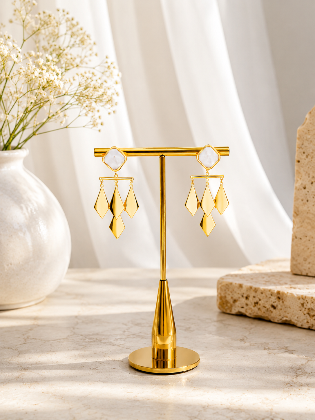 Ivory Prism Anti-Tarnish Gold Geometric Chandelier Earrings