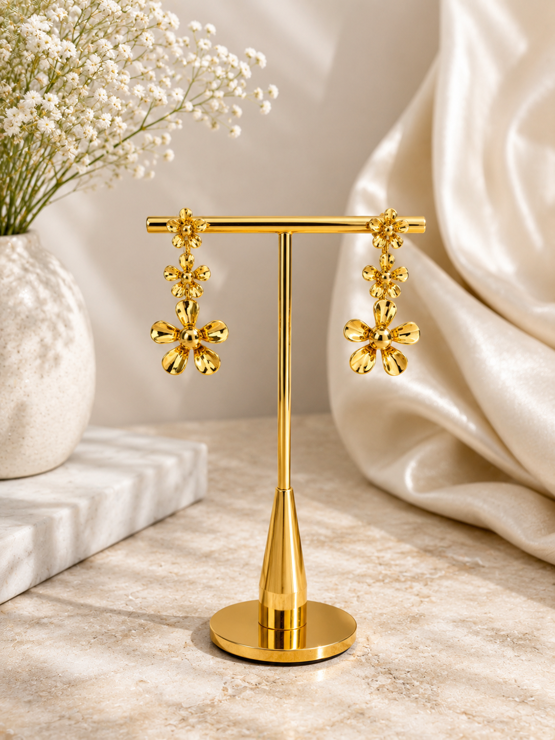Golden Blossom Anti-Tarnish Floral Drop Earrings