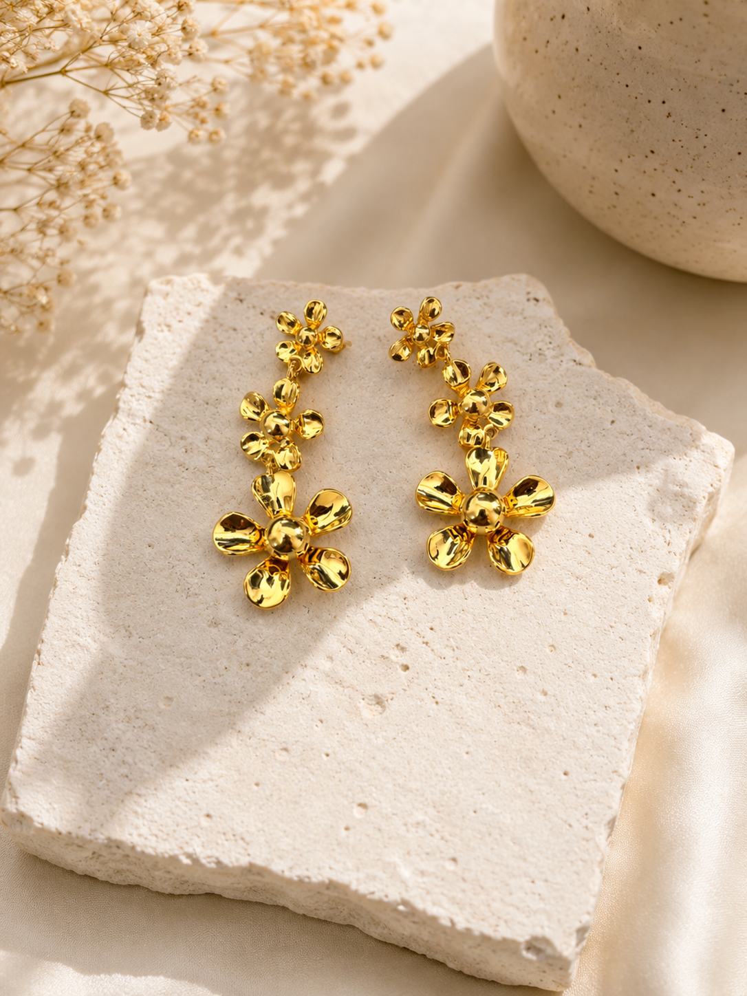 Golden Blossom Anti-Tarnish Floral Drop Earrings