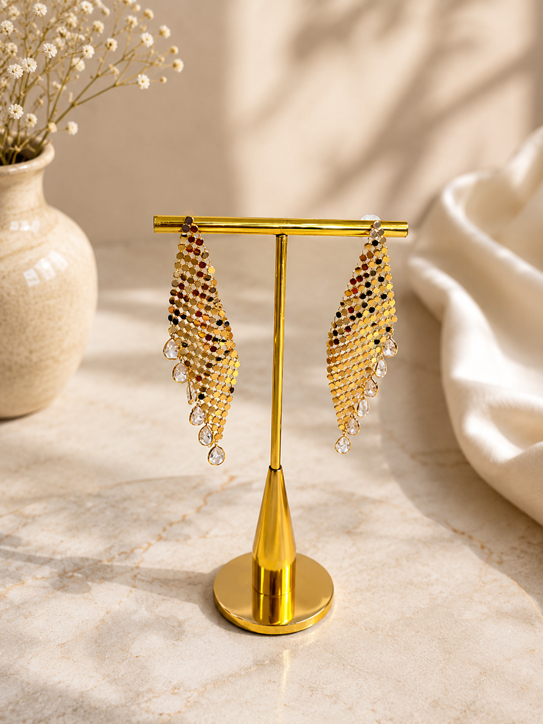 Starlight Cascade Anti-Tarnish Crystal Mesh Statement Earrings