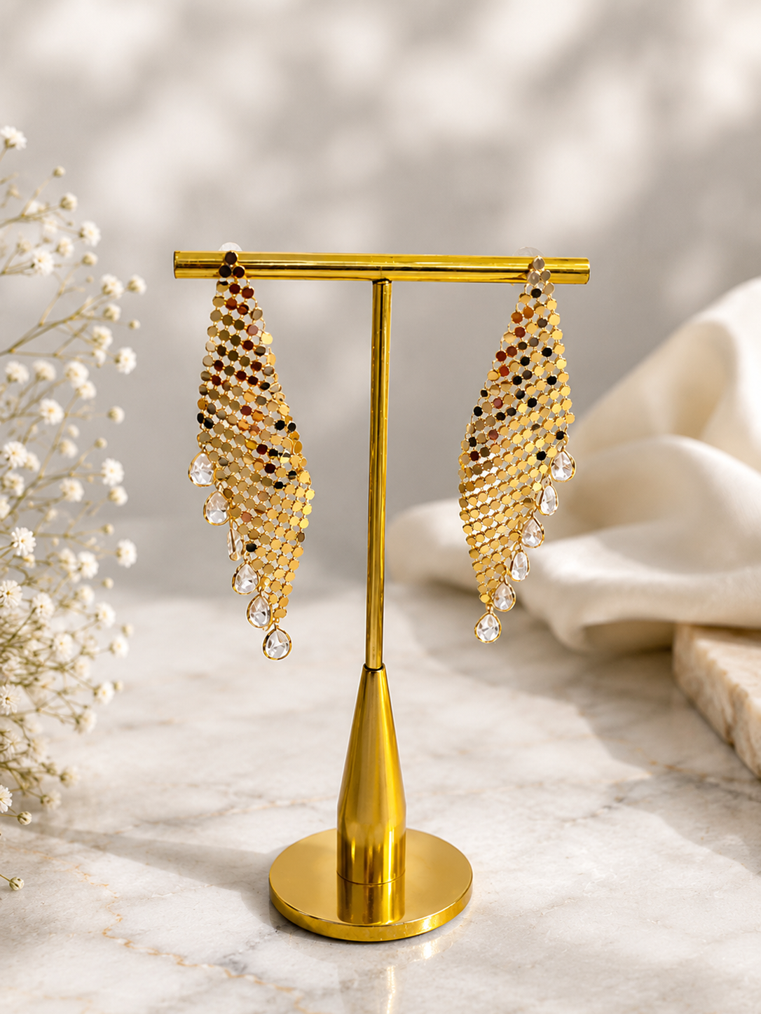 Starlight Cascade Anti-Tarnish Crystal Mesh Statement Earrings