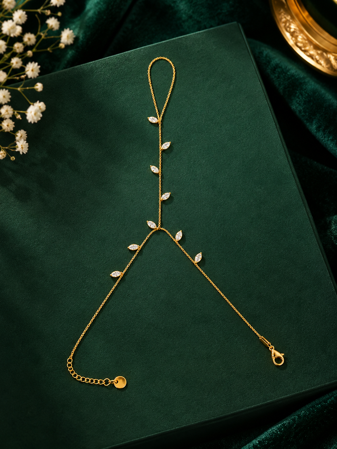 Elara Leaf Sparkle Anti-Tarnish Gold Hand Chain
