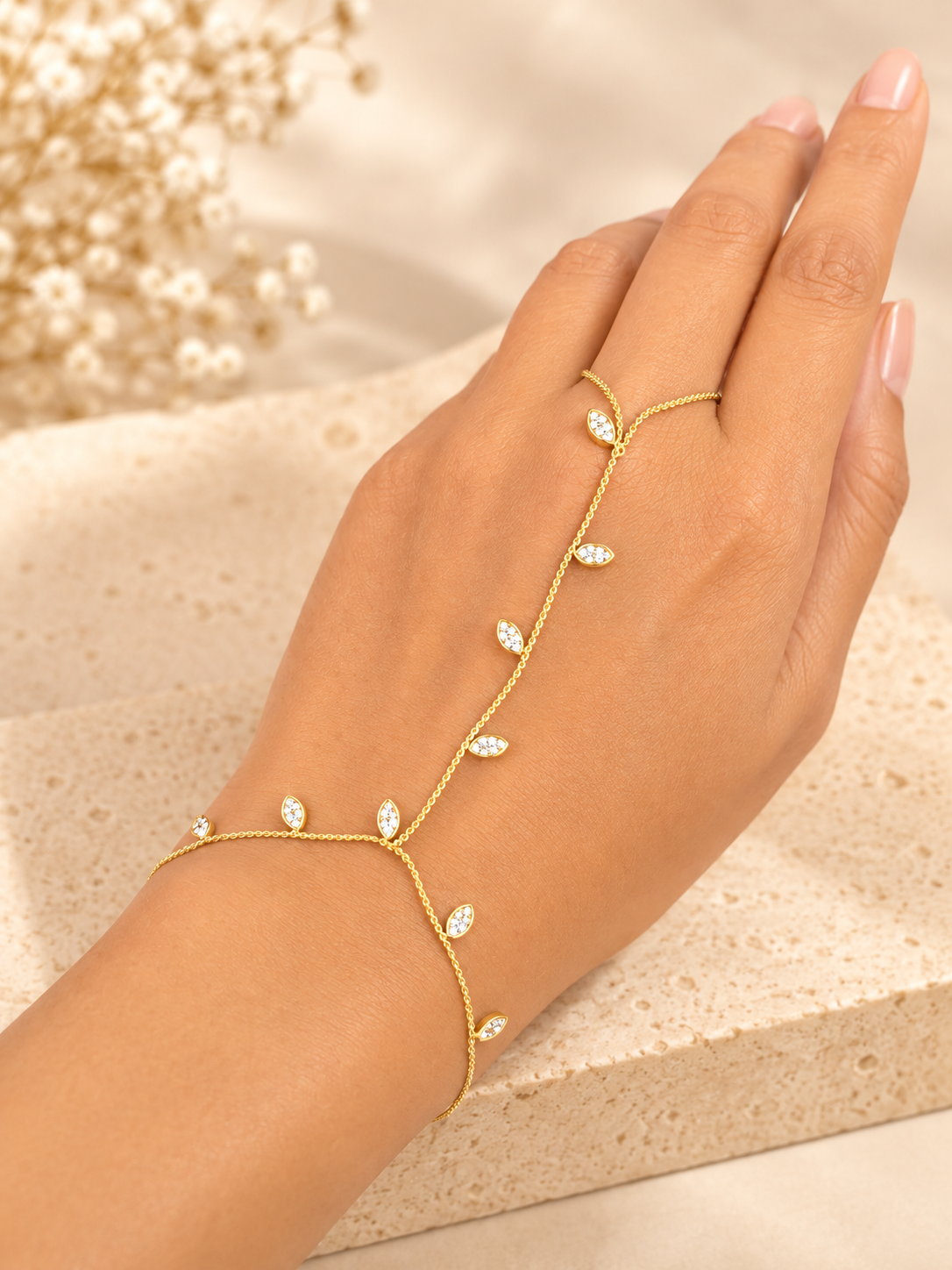 Elara Leaf Sparkle Anti-Tarnish Gold Hand Chain