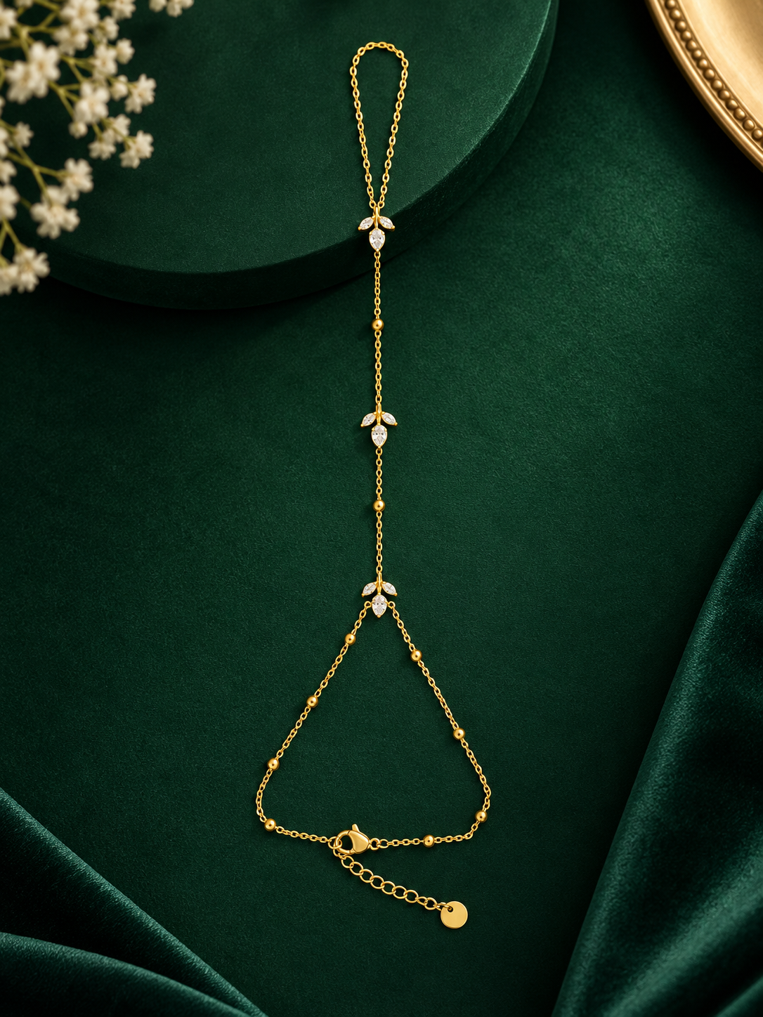Ivora Crystal Leaf Anti-Tarnish Gold Hand Chain
