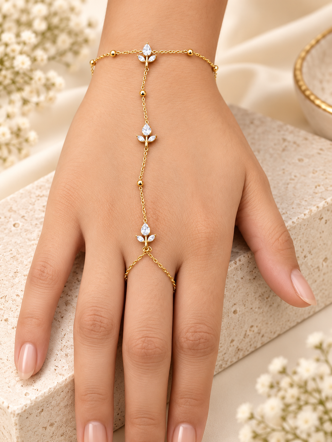 Ivora Crystal Leaf Anti-Tarnish Gold Hand Chain