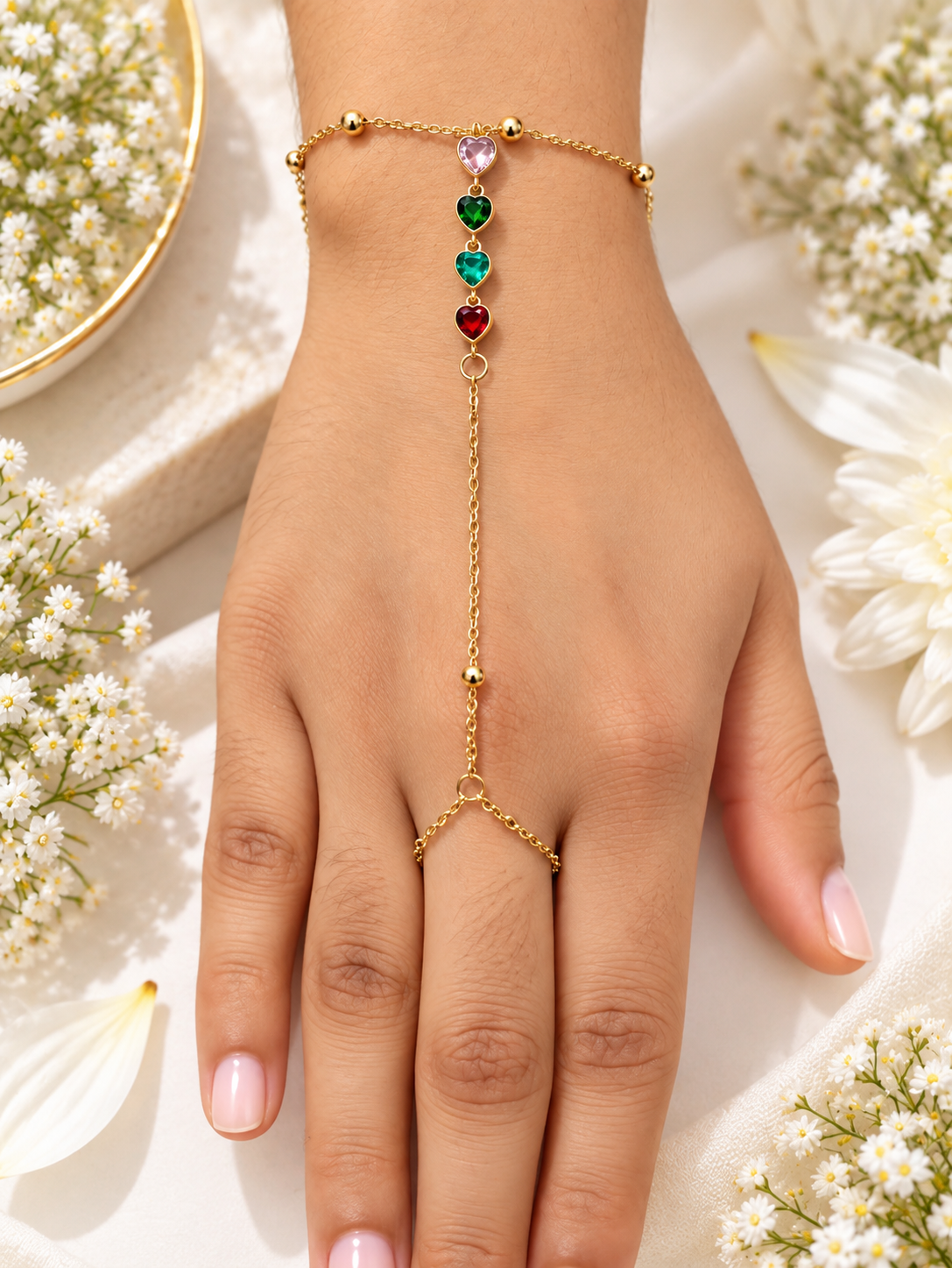 Amora Rainbow Heart Anti-Tarnish Gold Hand Chain
