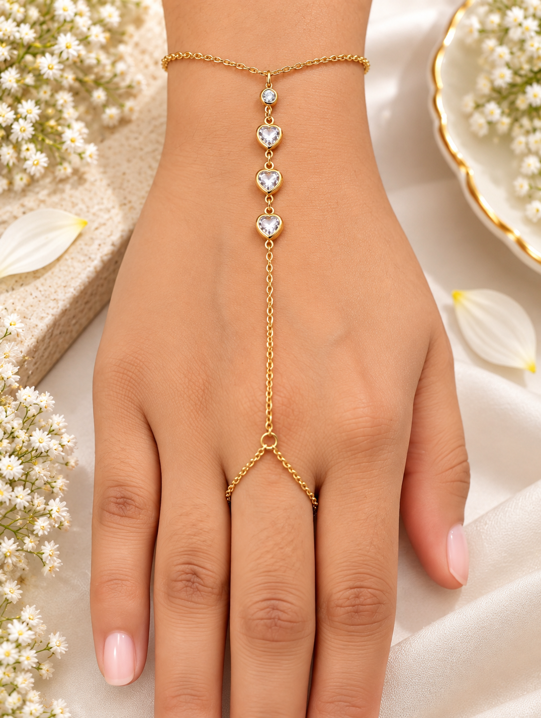 Trinity Heart Sparkle Anti-Tarnish Gold Hand Chain
