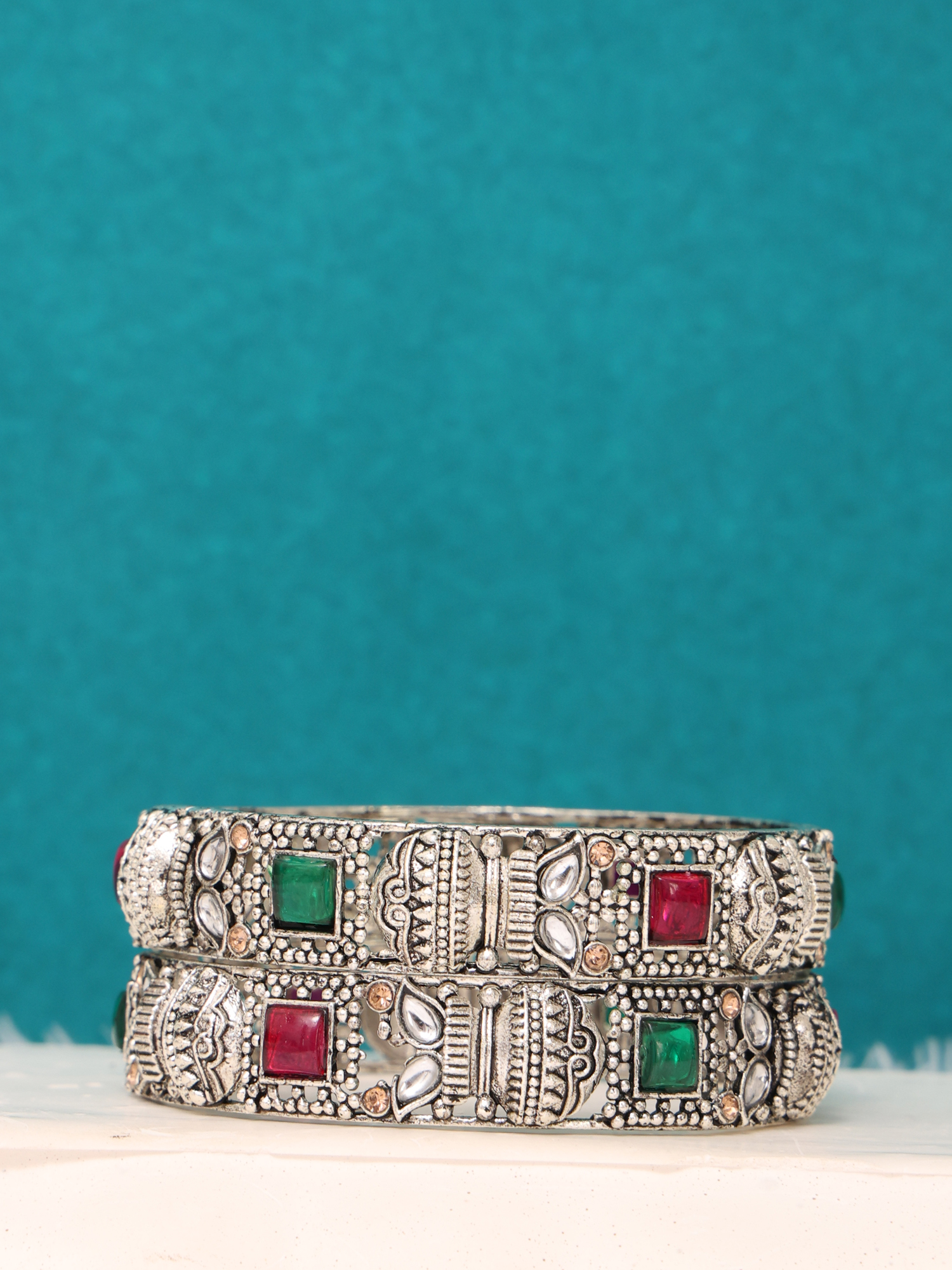 Vintage Royal Kundan Oxidized Silver Bangles