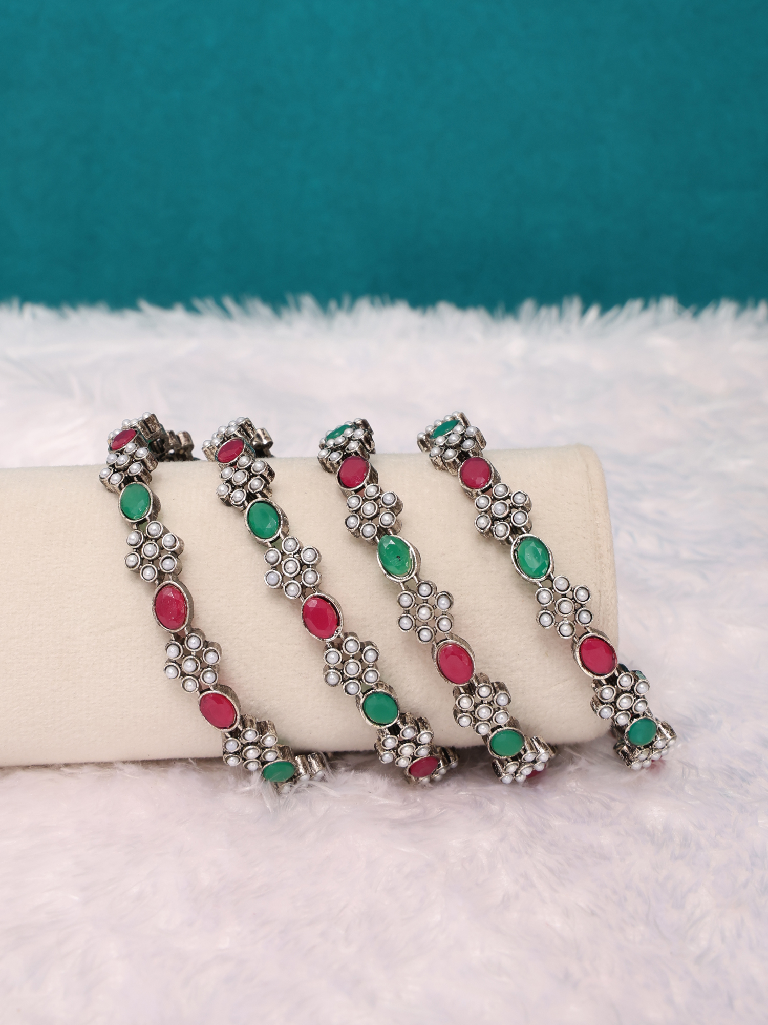 Floral Charm Oxidized Silver Stone Bangles (Set of 4)