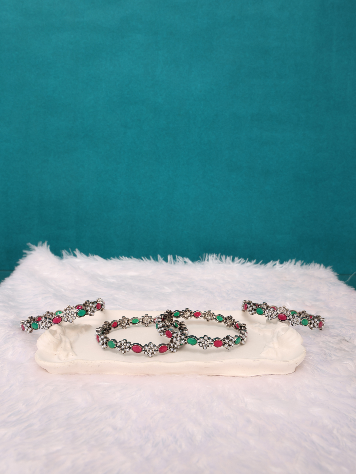 Floral Charm Oxidized Silver Stone Bangles (Set of 4)