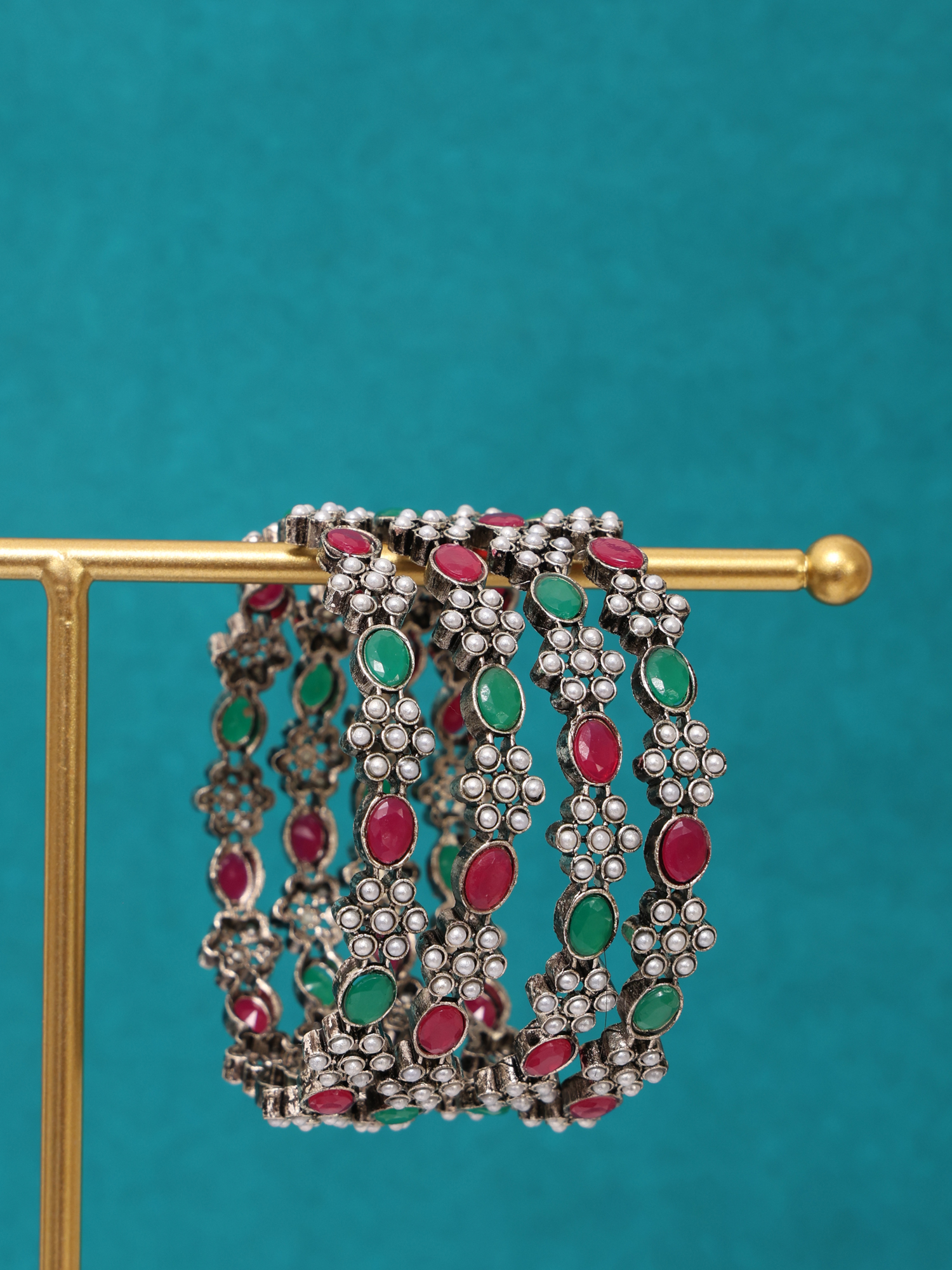 Floral Charm Oxidized Silver Stone Bangles (Set of 4)