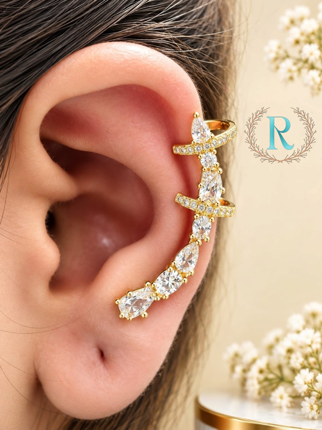 Seraphina Crystal Cascade Ear Cuff – Anti-Tarnish