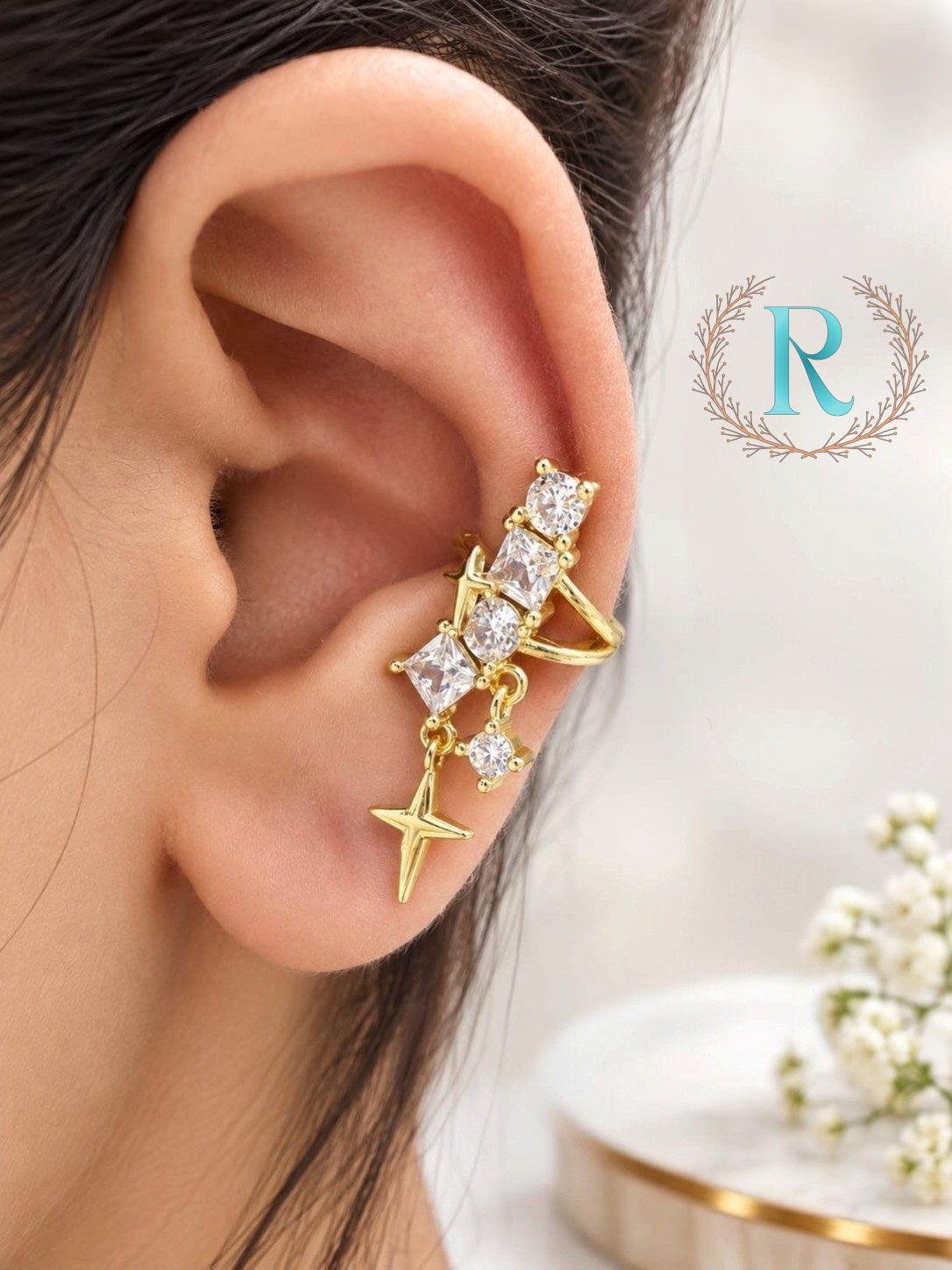 Celeste Star Charm Crystal Ear Cuff – Anti-Tarnish