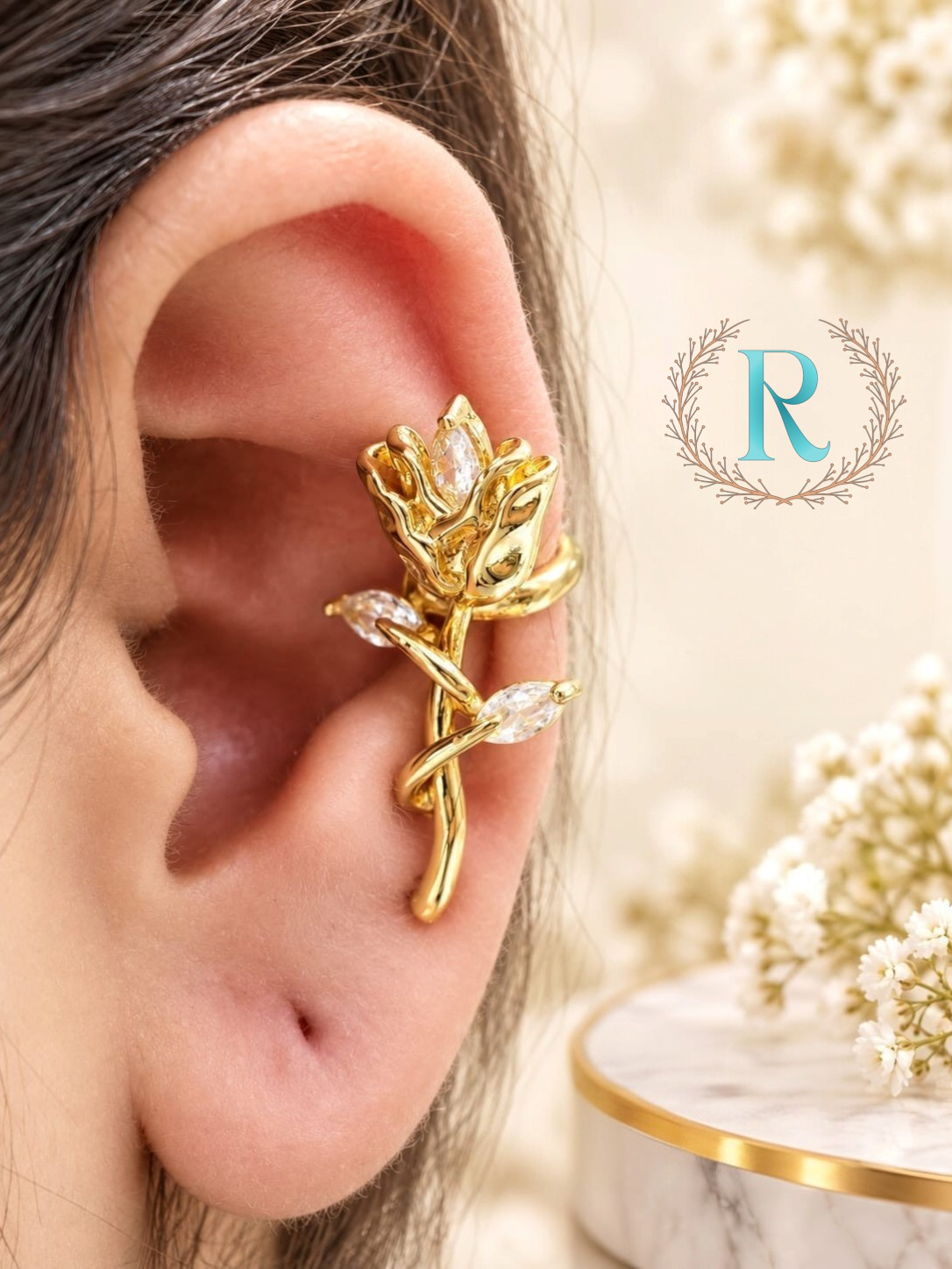 Roselle Crystal Rose Ear Cuff – Anti-Tarnish