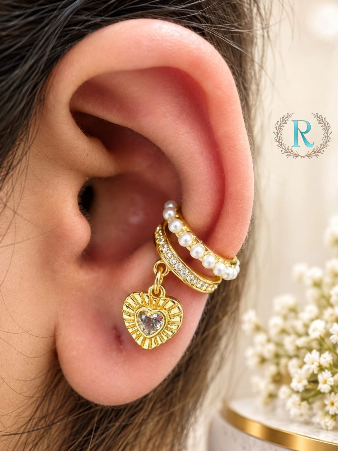 Amora Pearl Heart Charm Ear Cuff – Anti-Tarnish