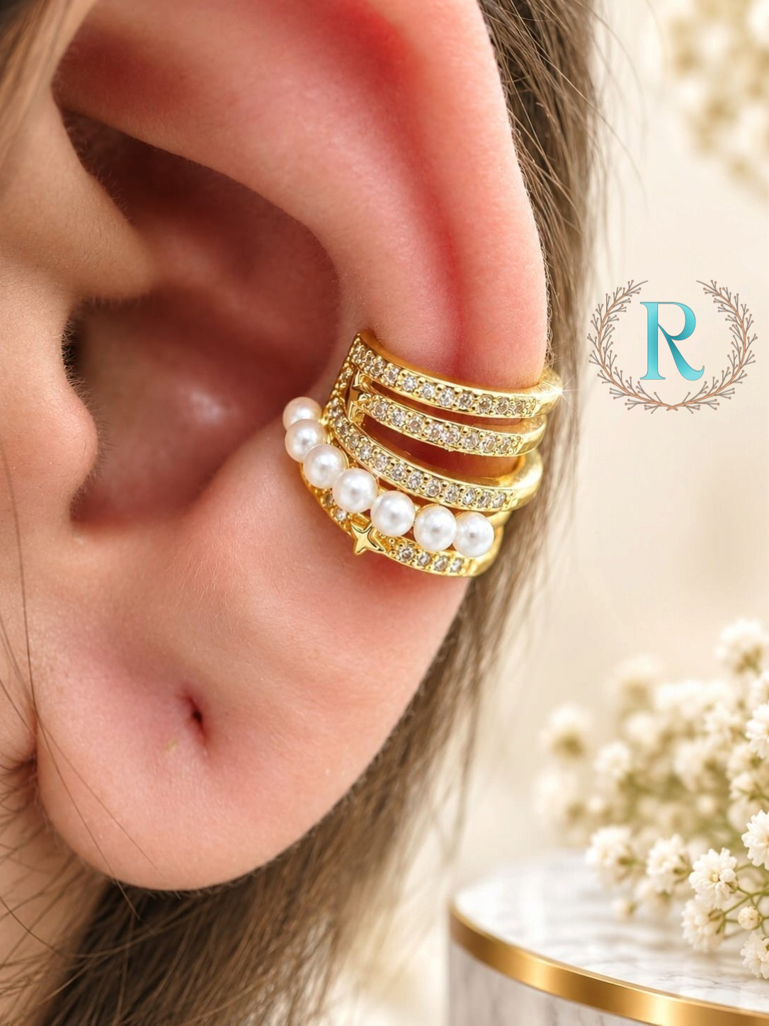 Elina Pearl & Crystal Layered Ear Cuff – Anti-Tarnish