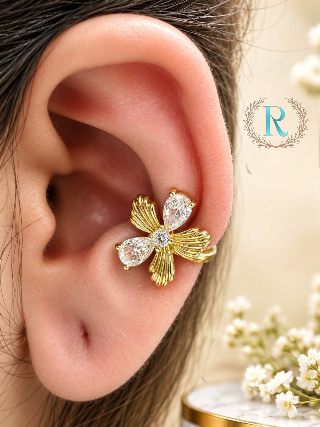 Florina Teardrop Crystal Flower Ear Cuff – Anti-Tarnish