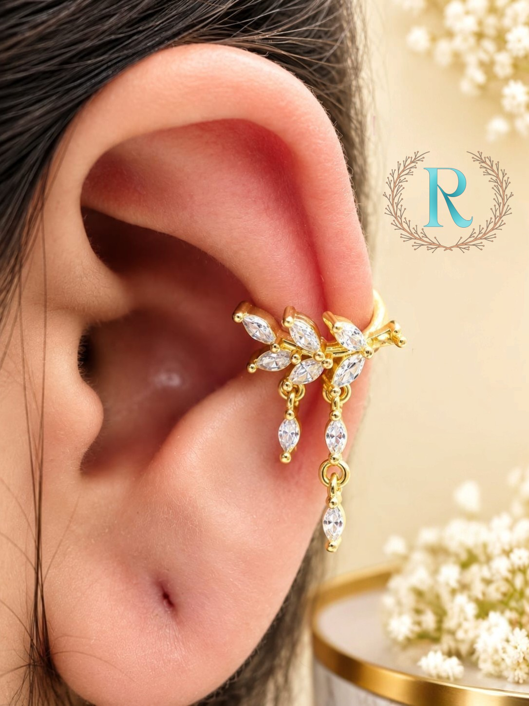 Evana Crystal Leaf Drop Ear Cuff – Anti-Tarnish