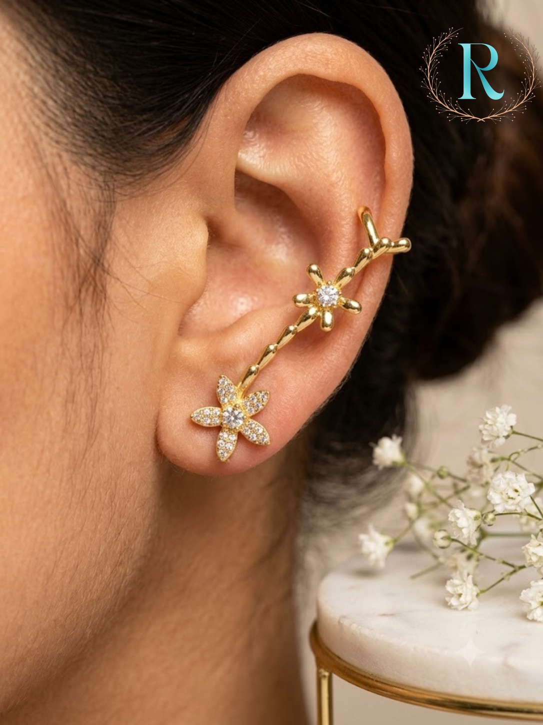 Floral Vine Crystal Ear Climber – Anti-Tarnish