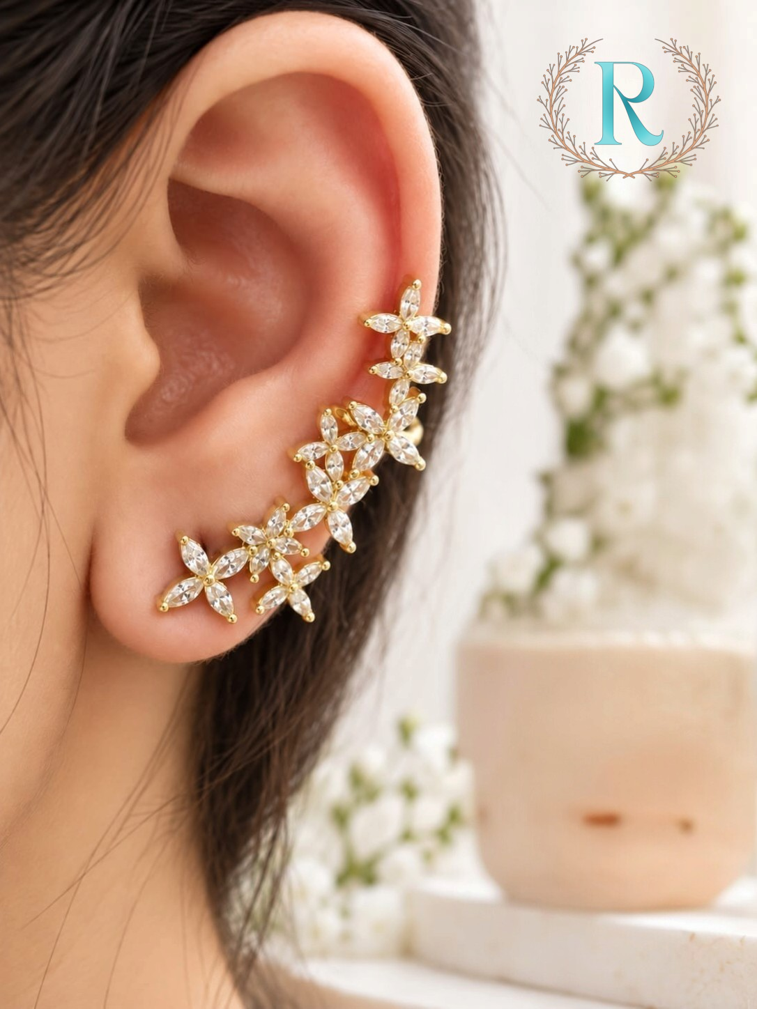 Crystal Garden Floral Climber Ear Cuff – Anti-Tarnish