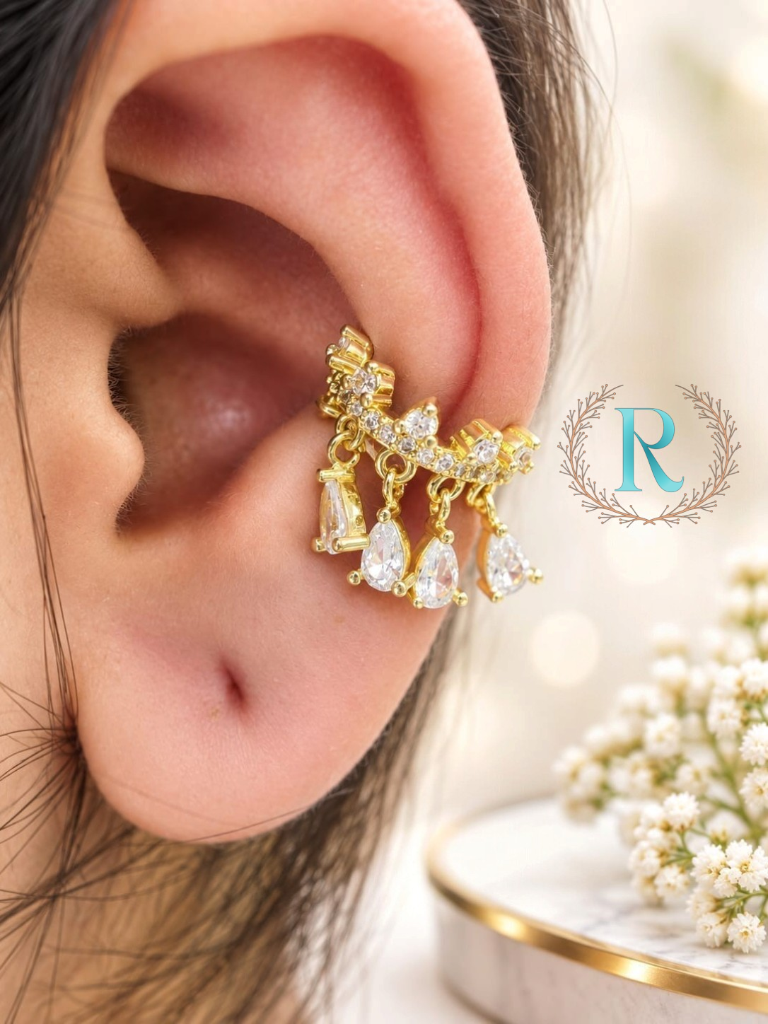Crystal Cascade Teardrop Ear Cuff – Anti-Tarnish