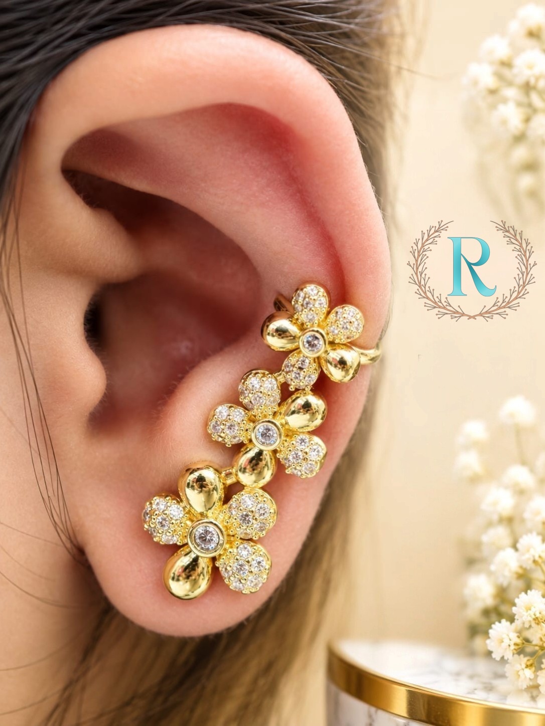 Golden Bloom Crystal Floral Ear Climber – Anti-Tarnish