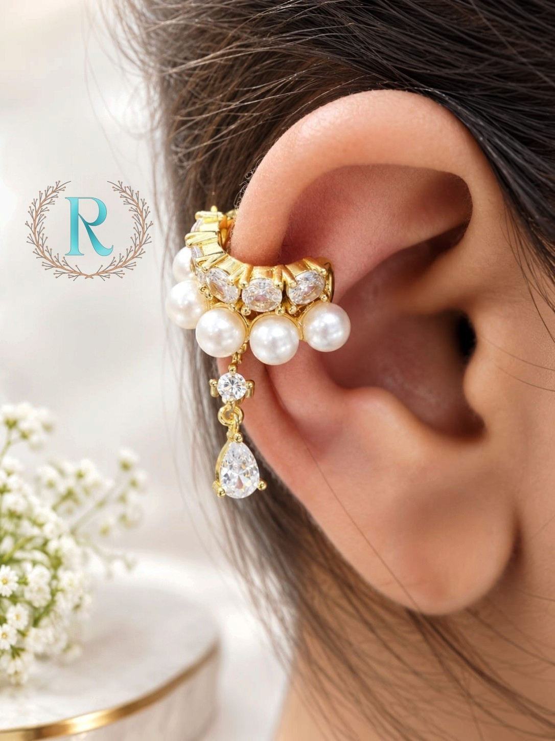 Pearl Cascade Crystal Ear Cuff – Anti-Tarnish