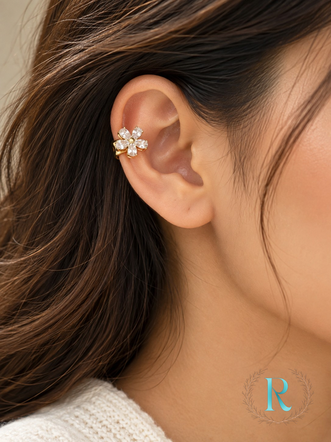 Crystal Blossom Floral Ear Cuff – Anti-Tarnish